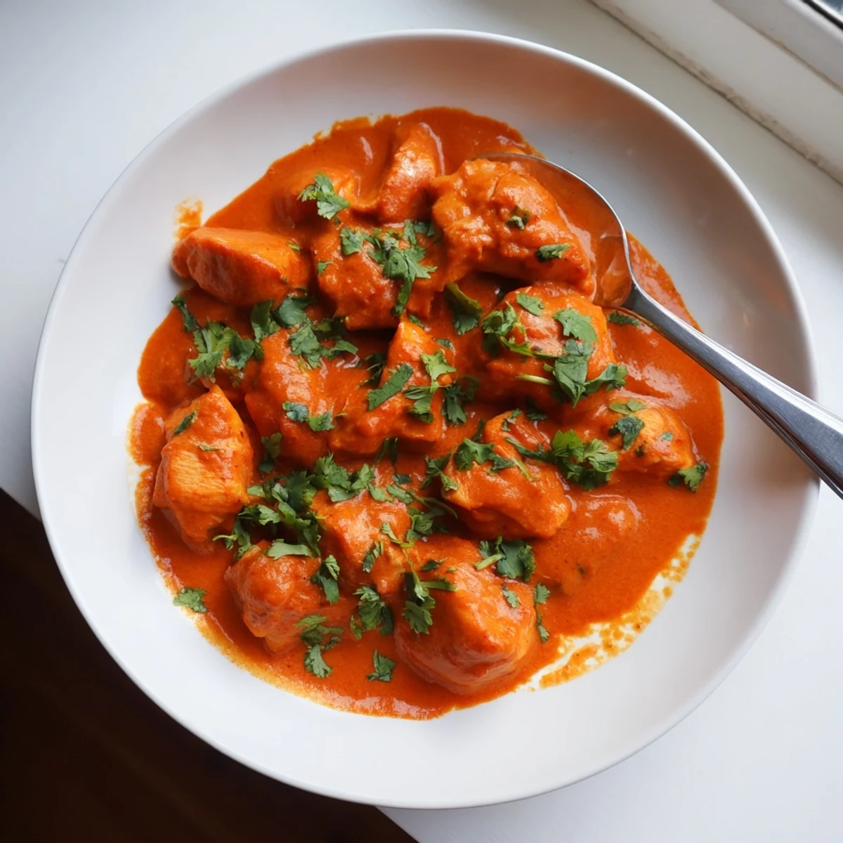 Golden butter chicken dish featuring tender marinated pieces in creamy tomato sauce garnished with fresh cilantro