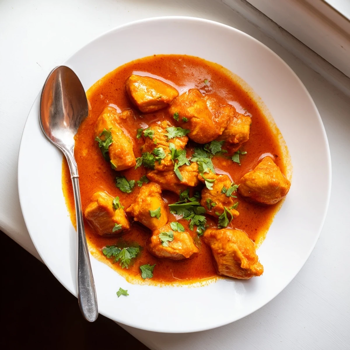 Creamy butter chicken curry with succulent thigh pieces in aromatic tomato gravy topped with green herbs
