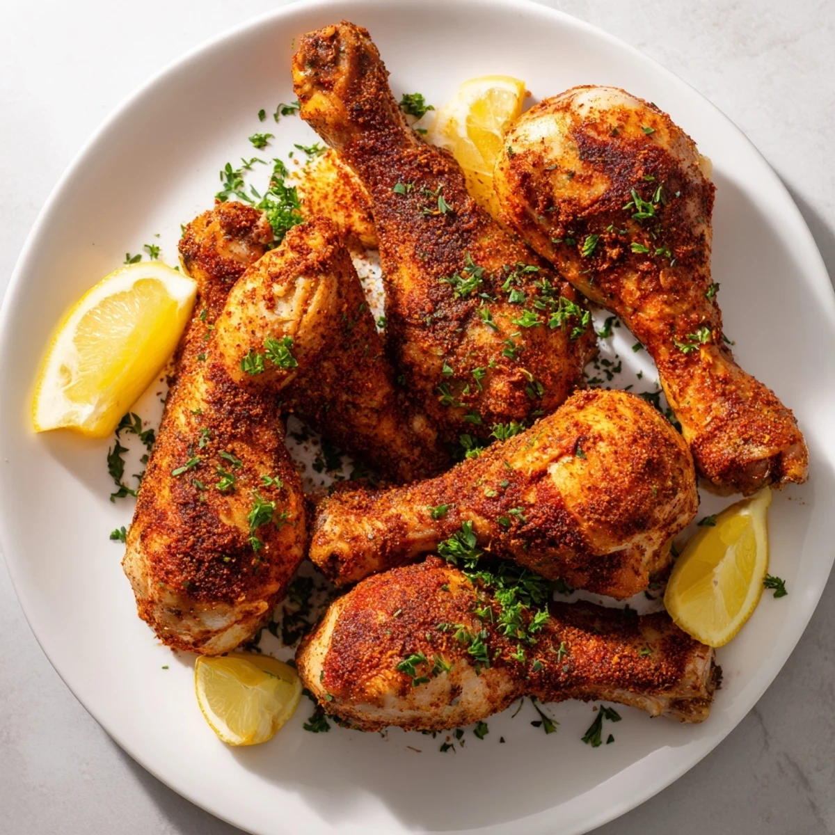 Golden oven baked chicken legs with crispy skin and savory spice seasoning