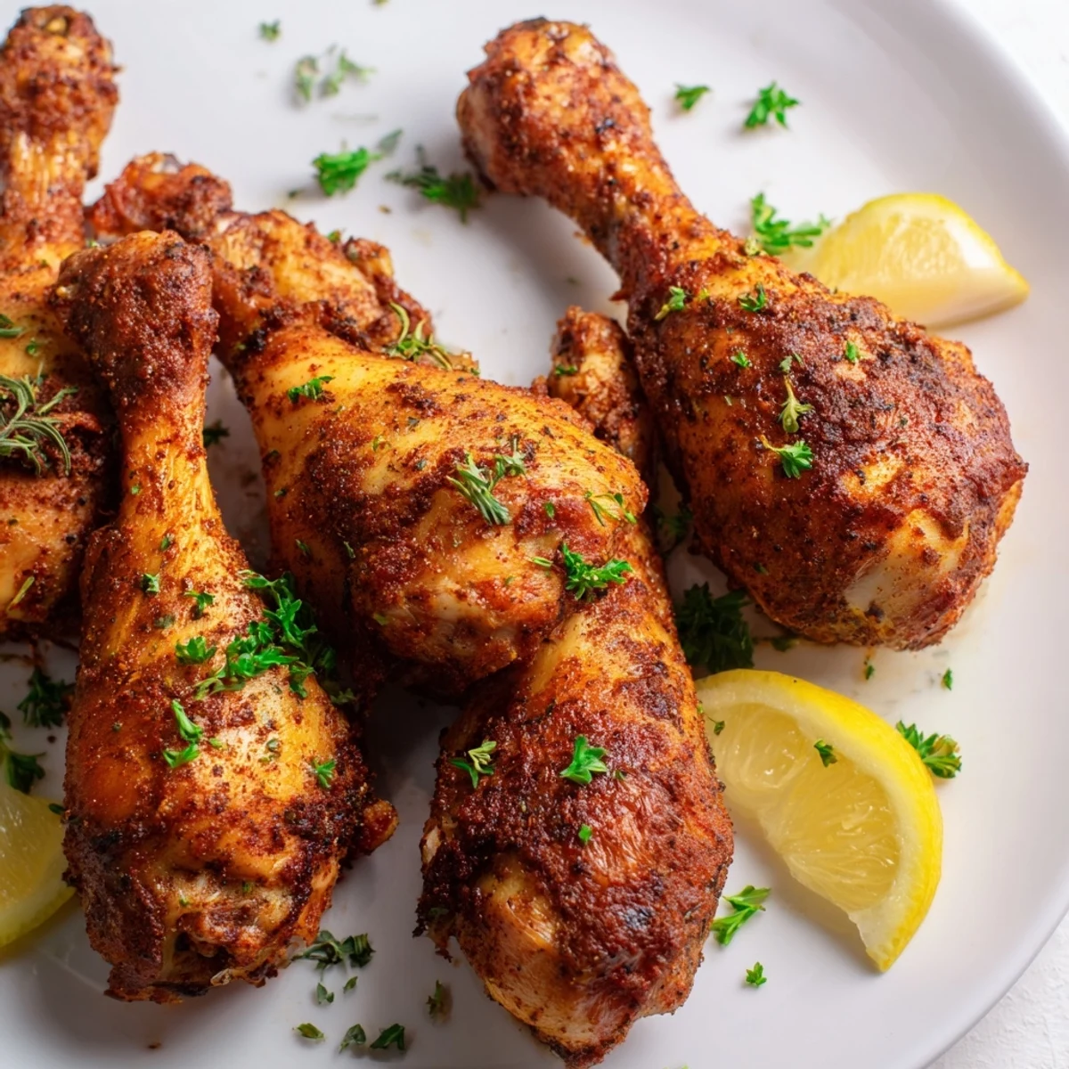 Oven baked chicken legs arranged on baking rack with fresh parsley garnish