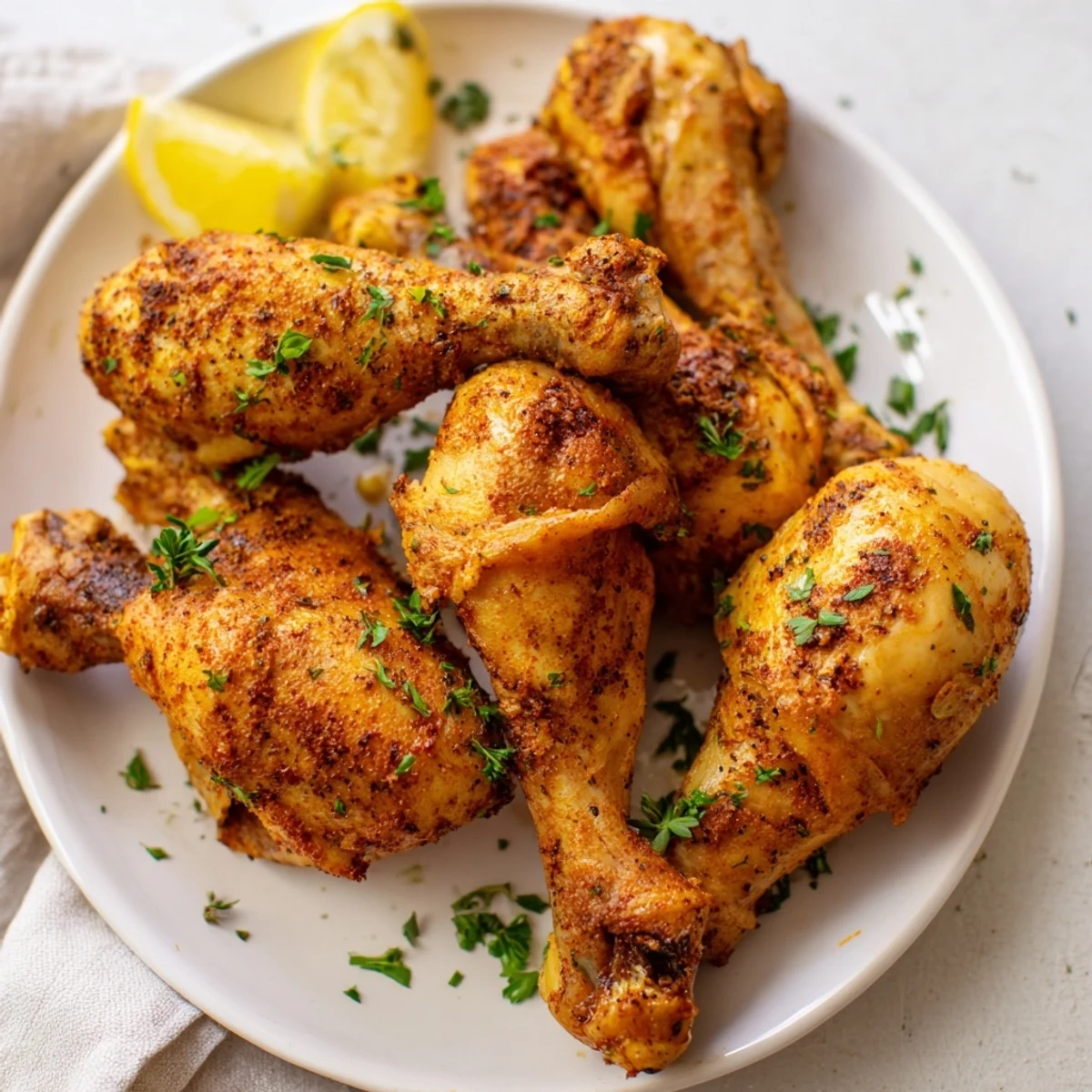 Crispy oven baked chicken legs served with lemon wedges for easy weeknight dinner