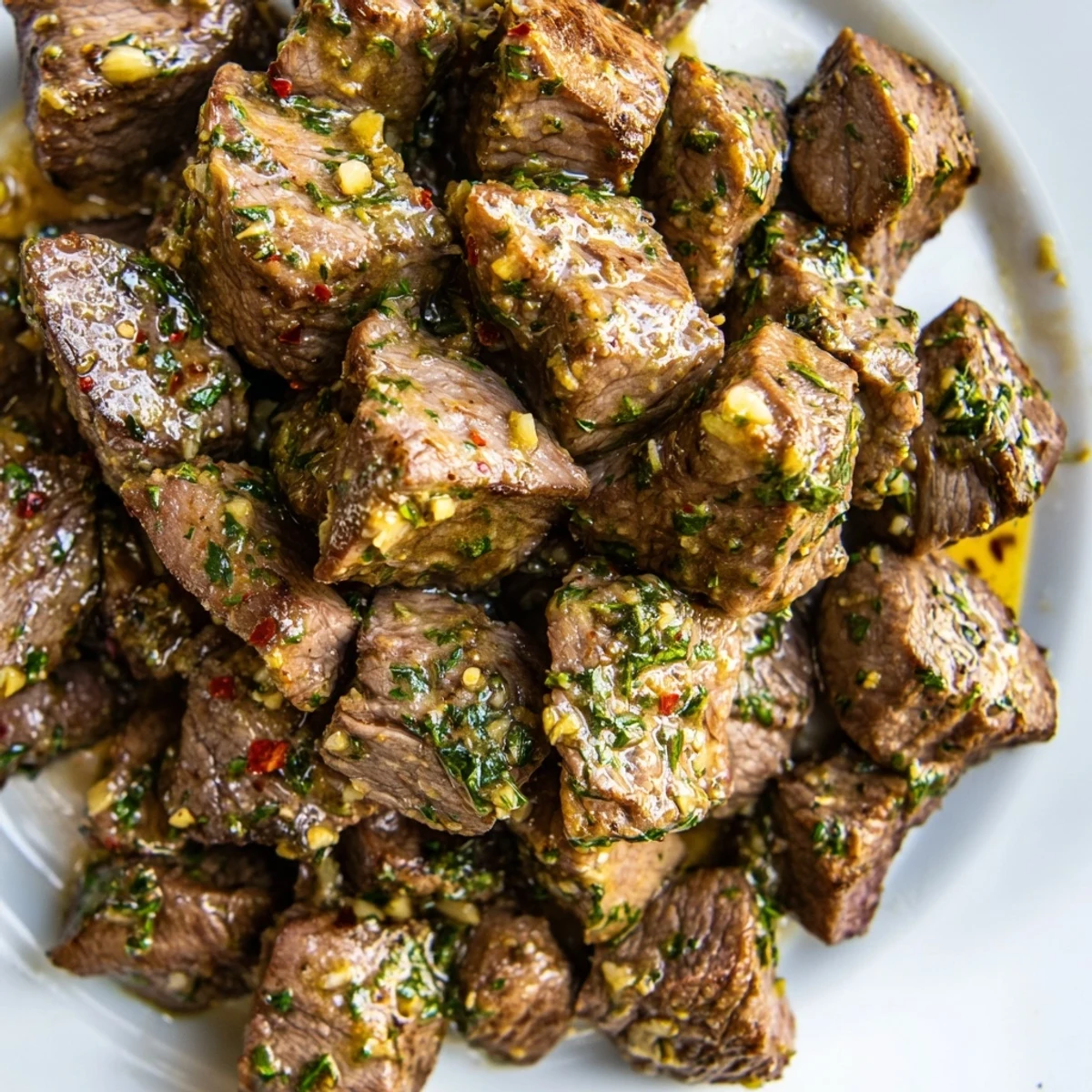 Golden seared cowboy butter steak bites coated in zesty garlic herb sauce
