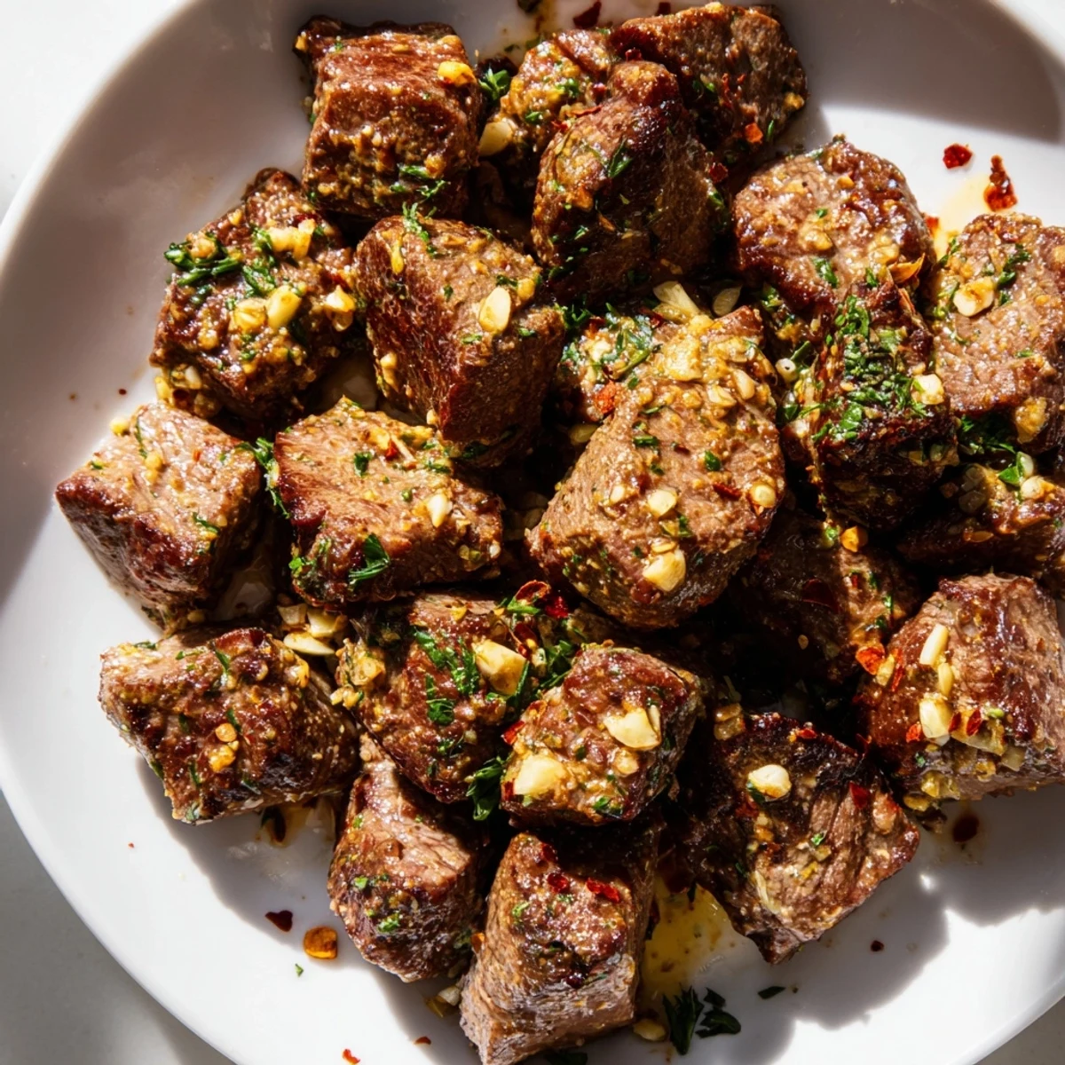 Sizzling cowboy butter steak bites drizzled with creamy lemon garlic herb sauce