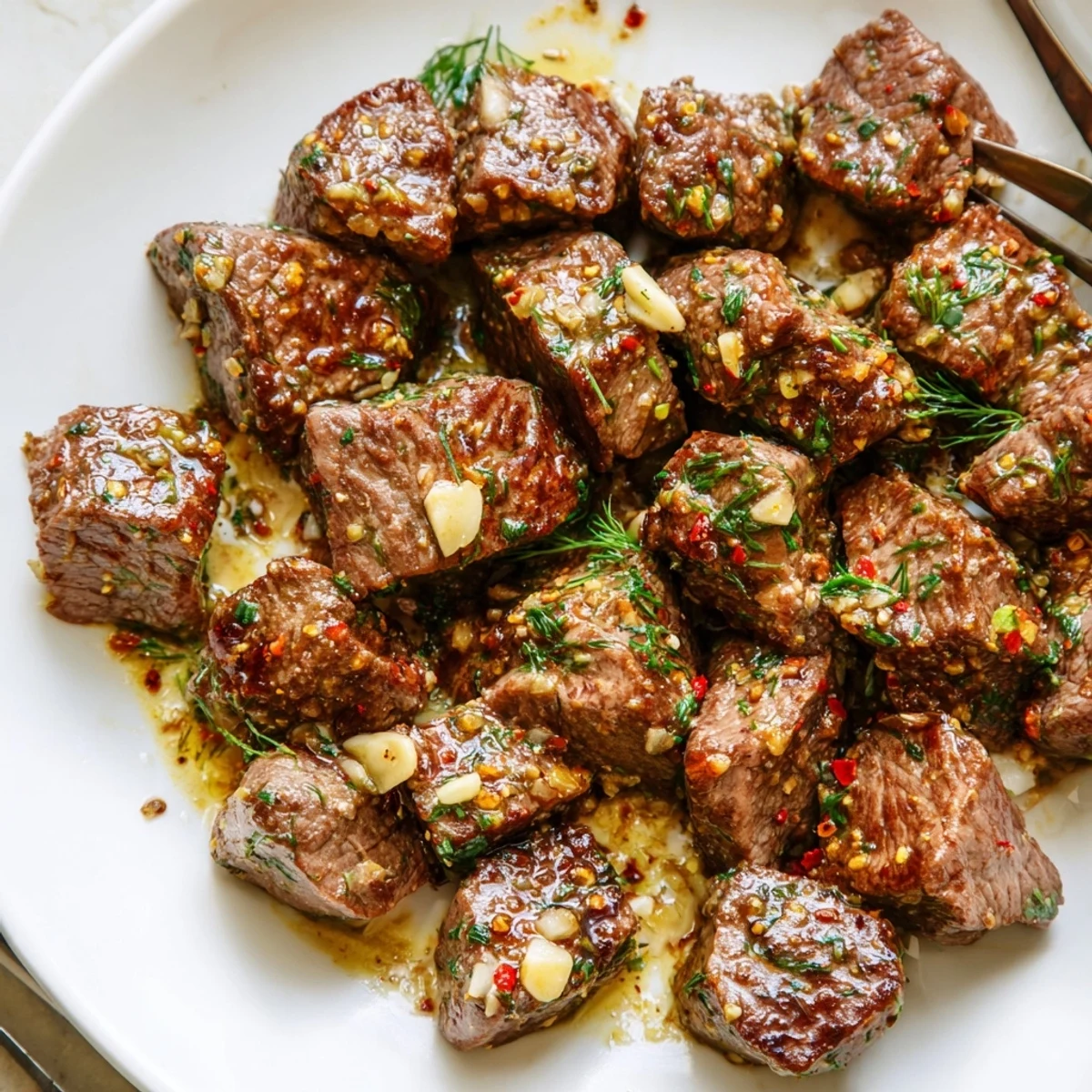 Tender steak bites simmered in spicy cowboy butter with fresh parsley and chives