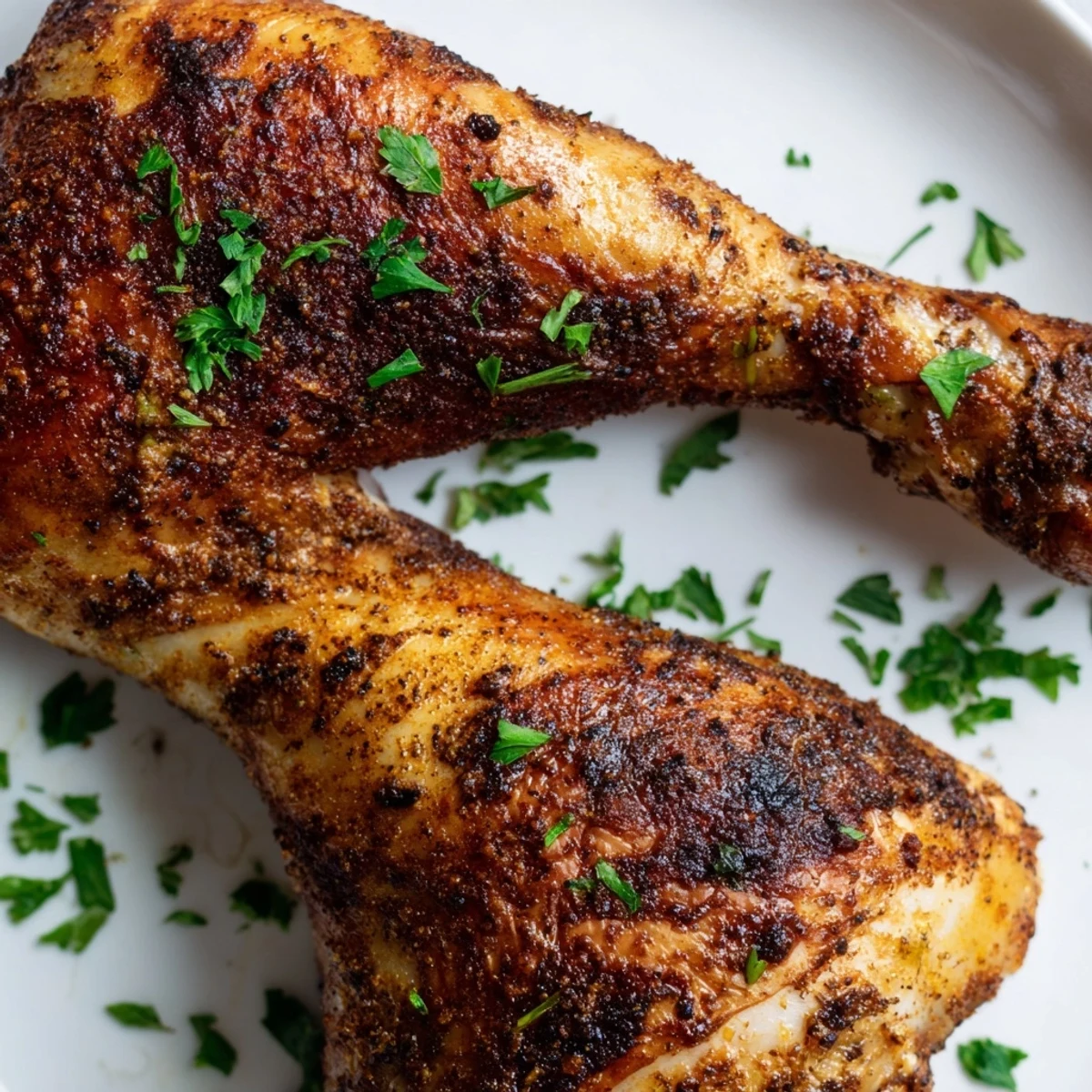Golden baked chicken leg quarters with crispy seasoned skin resting on a wire rack
