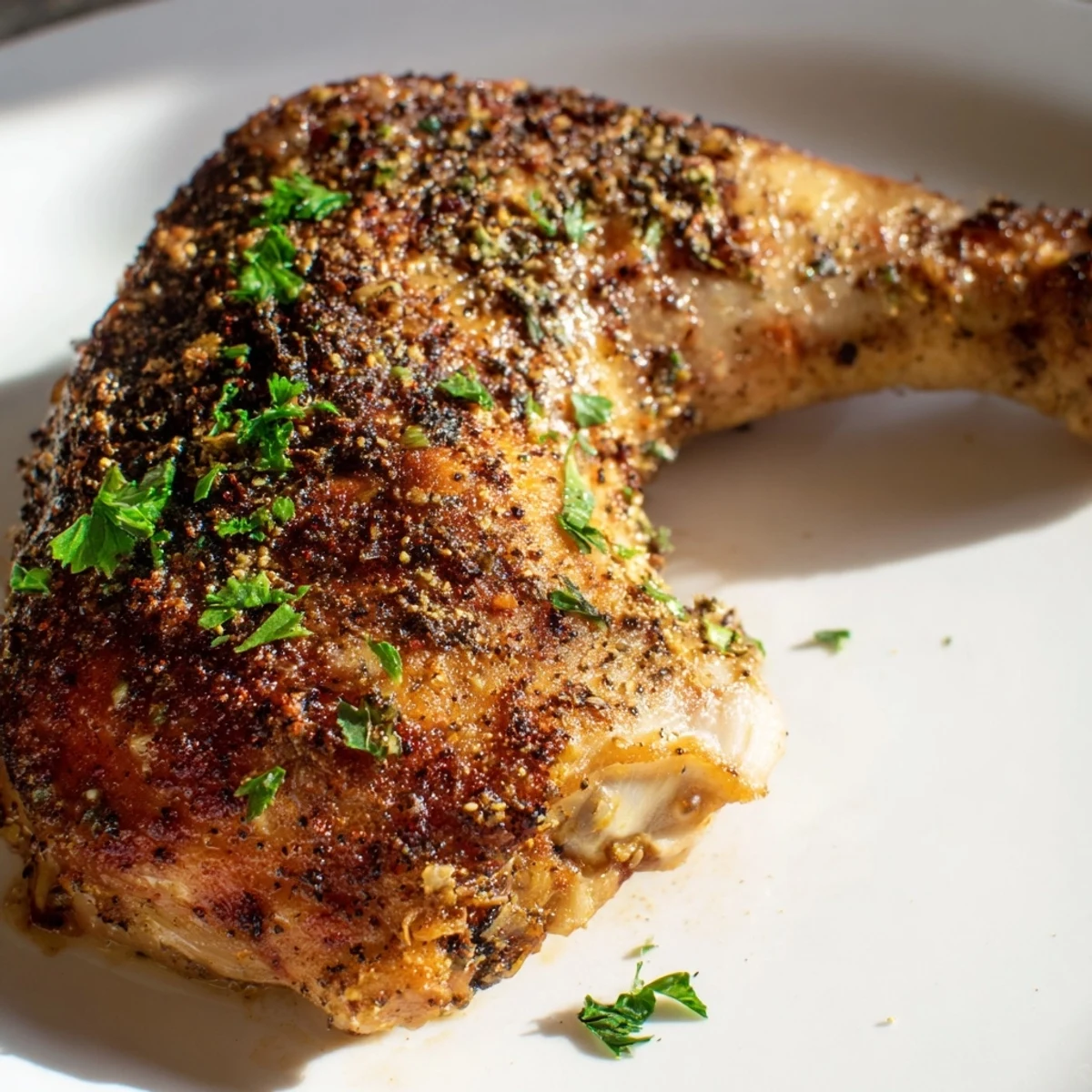 Oven roasted chicken leg quarters displaying deep golden brown crispy skin and juicy meat