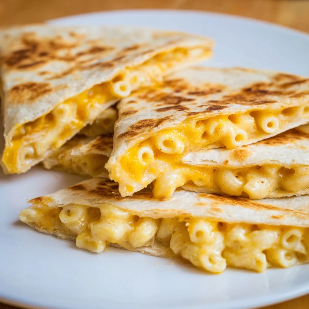 Golden brown mac and cheese quesadilla with melted cheese oozing from crispy tortilla edges