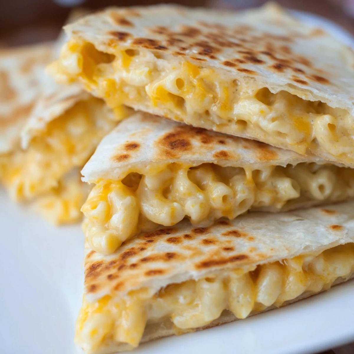Pan-fried mac and cheese quesadilla cut into wedges revealing gooey cheesy pasta filling