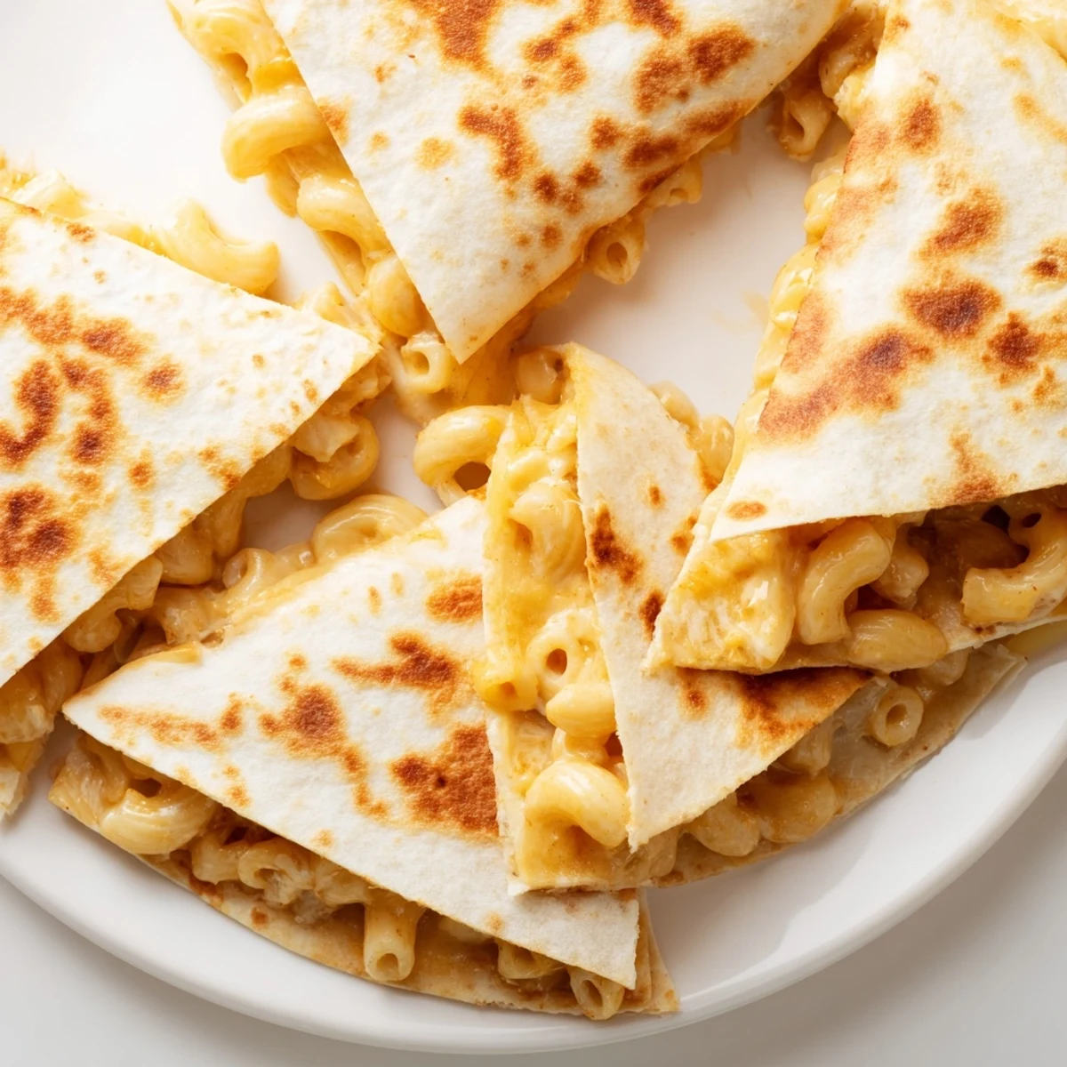 Crispy flour tortilla stuffed with creamy cheddar macaroni and melted Monterey Jack cheese