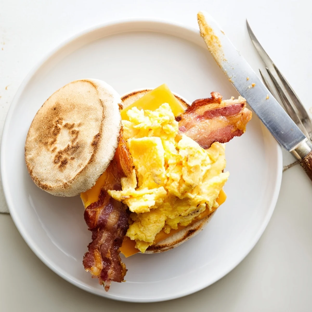 Golden toasted English muffin sandwich stacked with crispy bacon, fluffy scrambled eggs, and melted cheddar cheese on a griddle