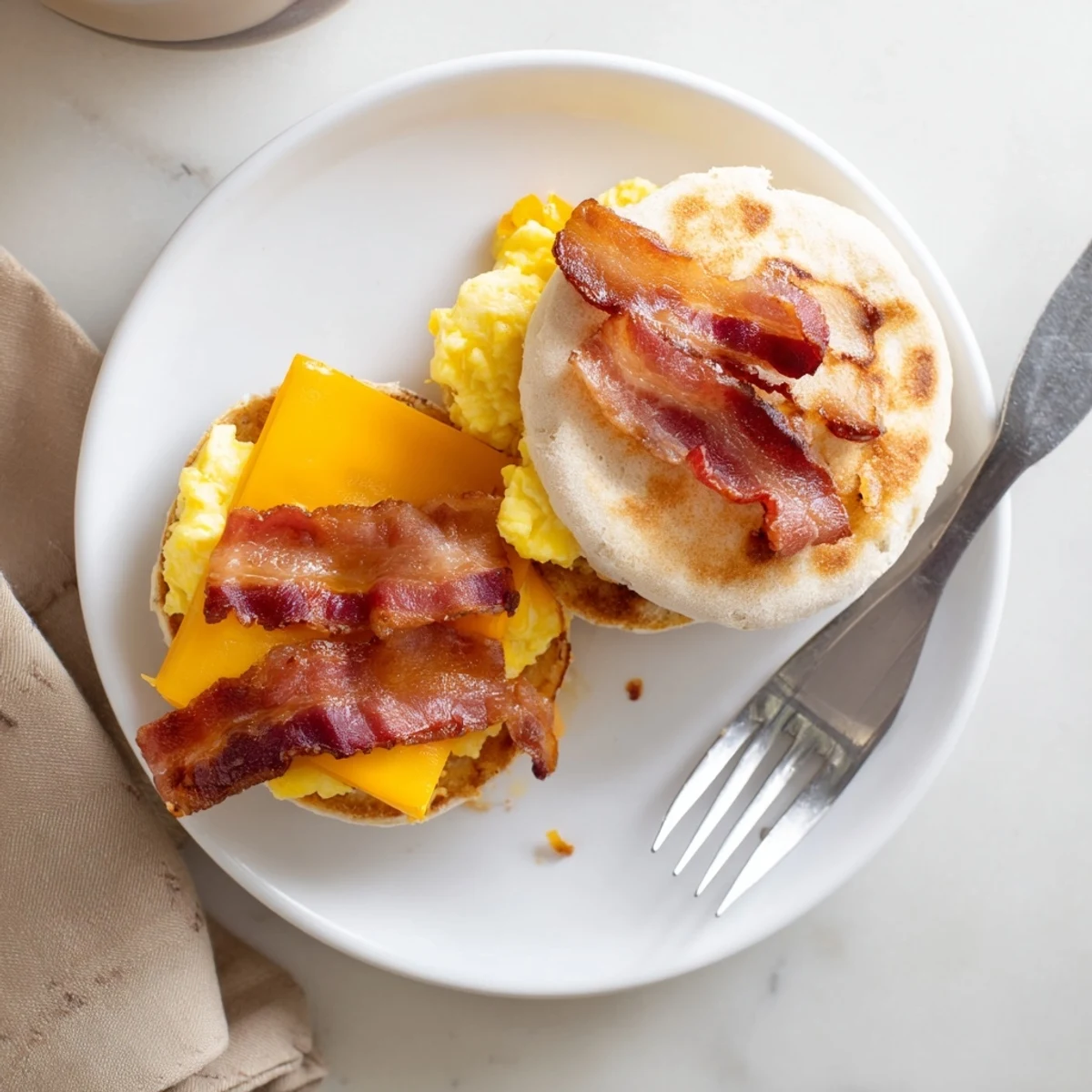 Hearty griddle breakfast sandwich featuring perfectly cooked eggs, crispy bacon strips, and gooey cheese on a toasted English muffin