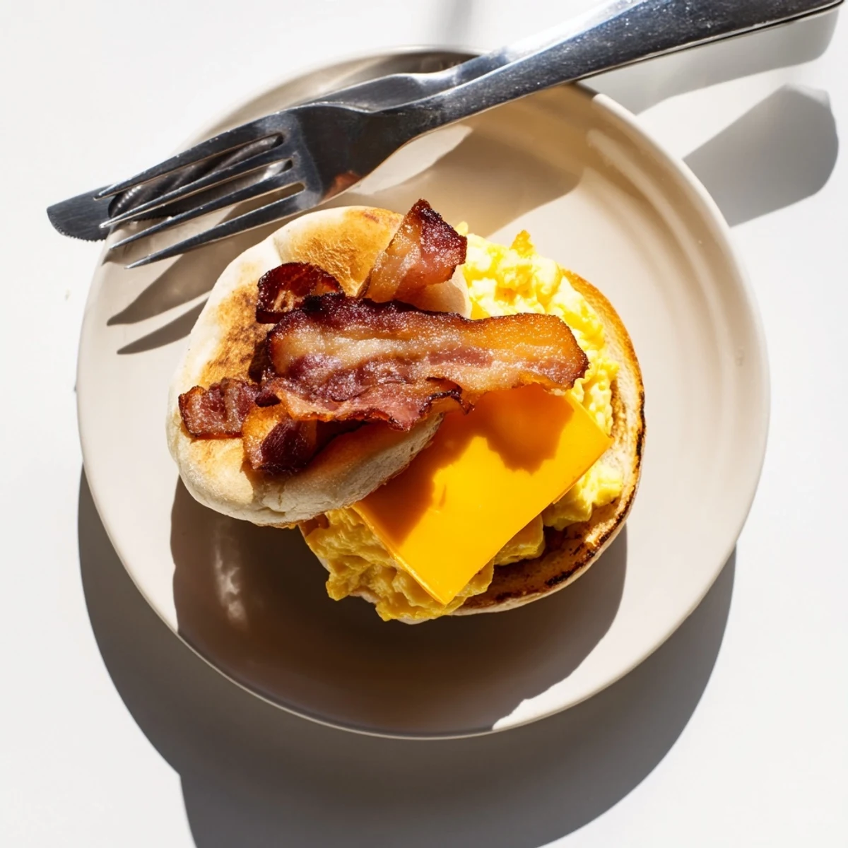 Savory morning sandwich with scrambled eggs, crispy bacon, and melting cheddar served on a warm golden English muffin