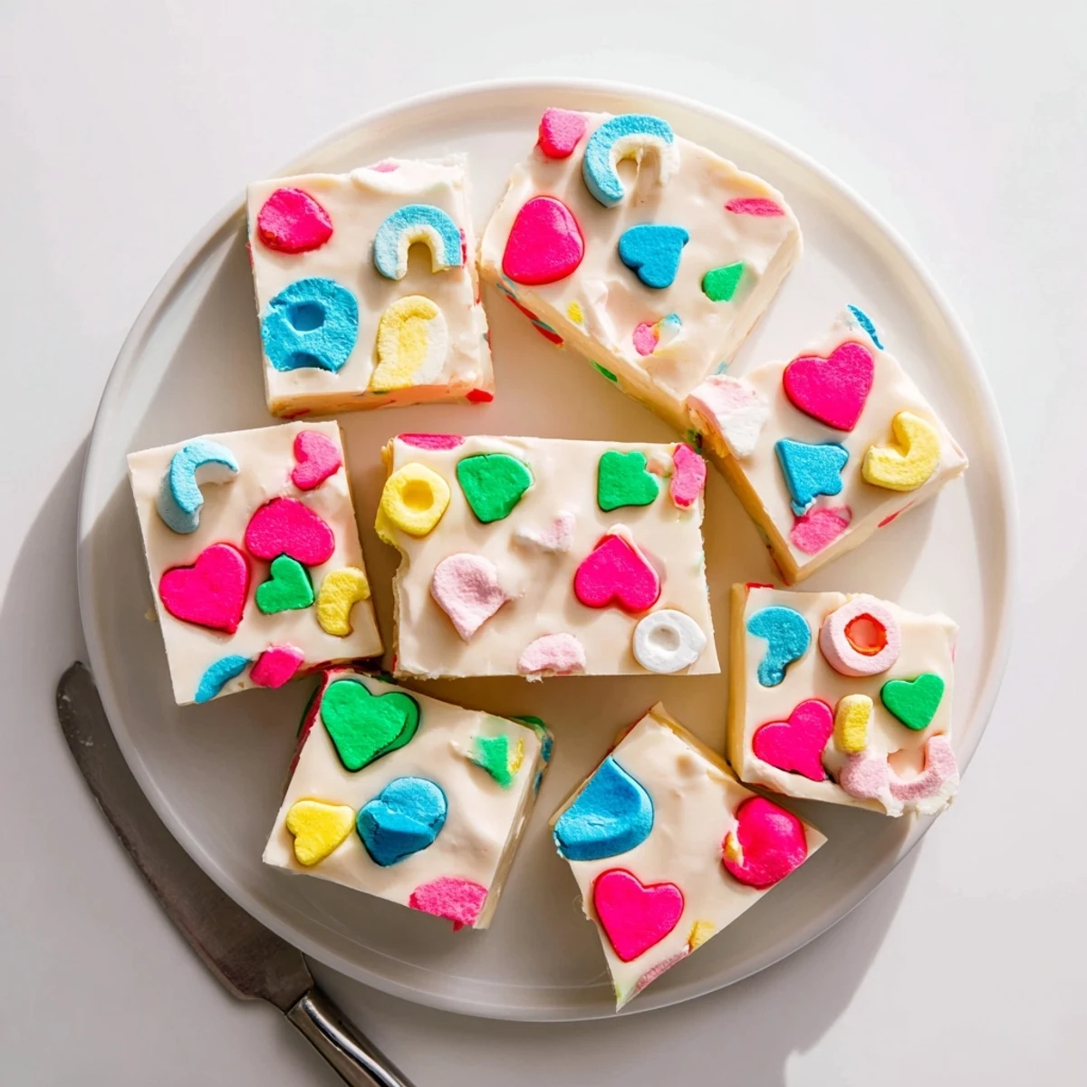 Creamy white chocolate Easy Lucky Charms Fudge topped with colorful marshmallow bits on a parchment-lined pan