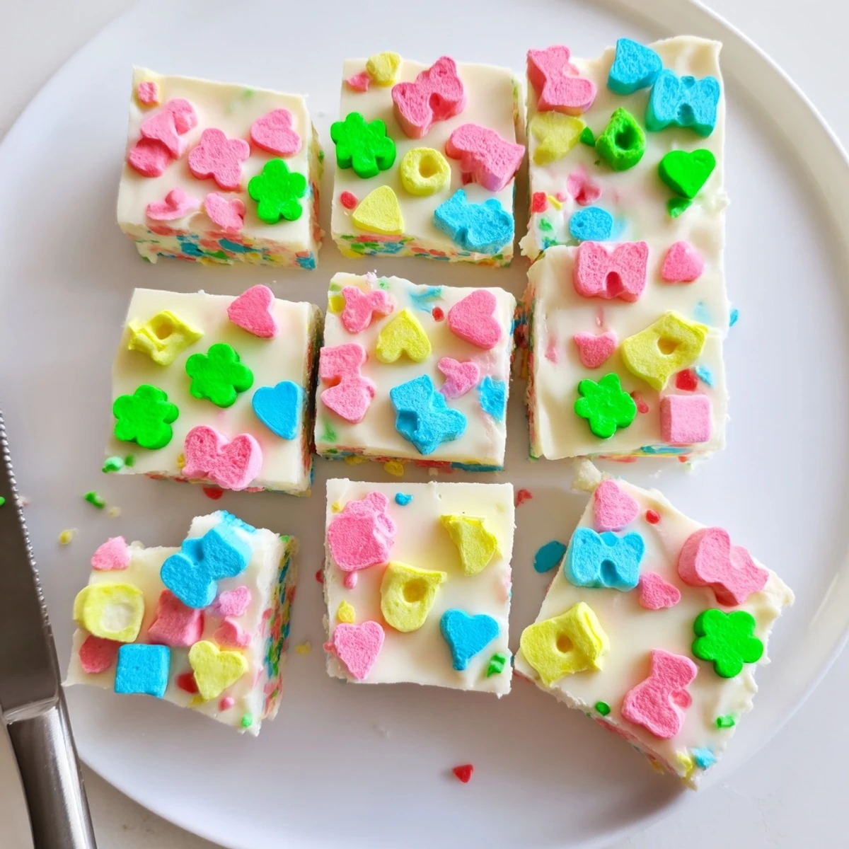 Square pieces of Easy Lucky Charms Fudge showing smooth white chocolate studded with vibrant rainbow marshmallows
