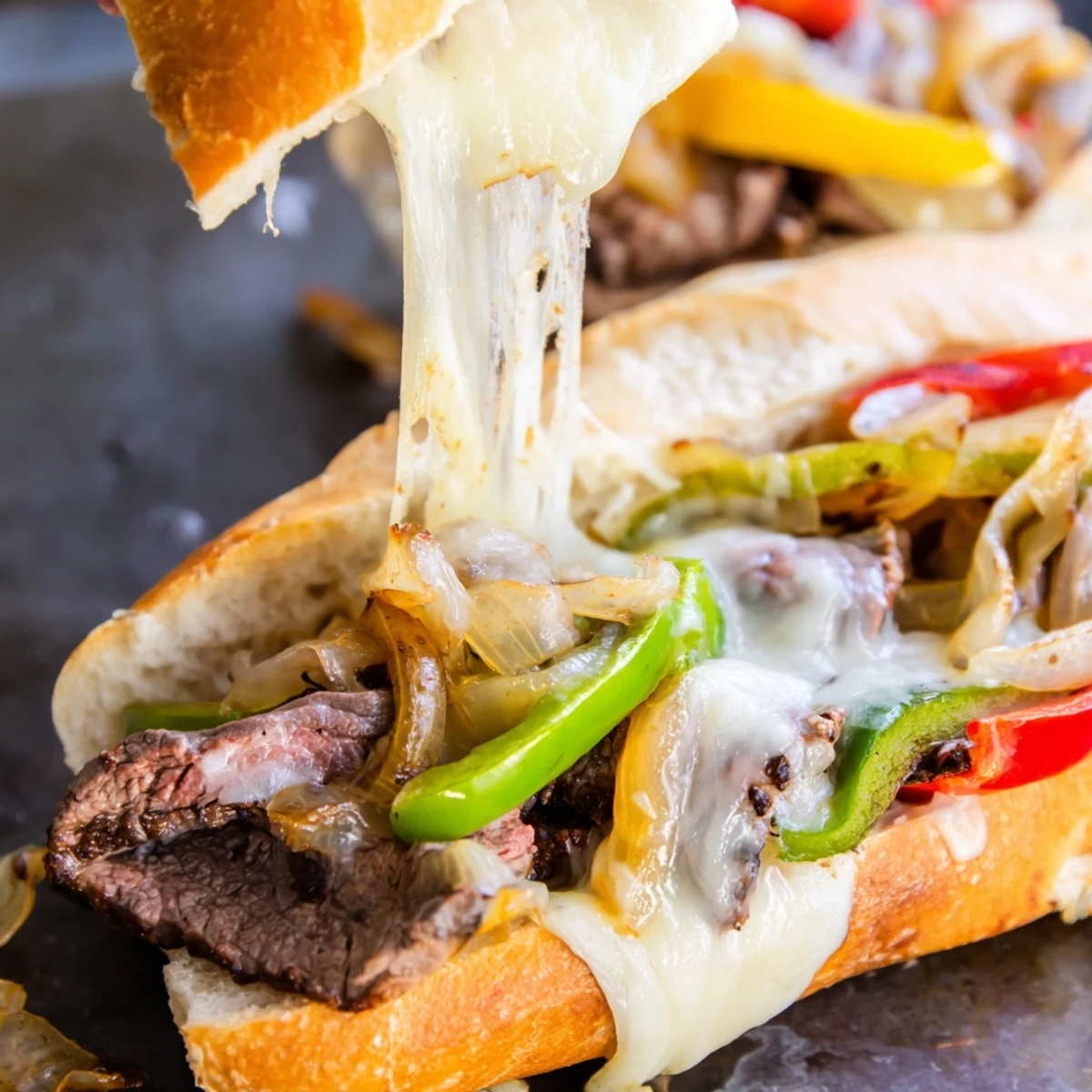 Sizzling ultimate griddled cheesesteak piled high with thinly sliced beef, sweet onions, and gooey cheese on buttery griddled bread