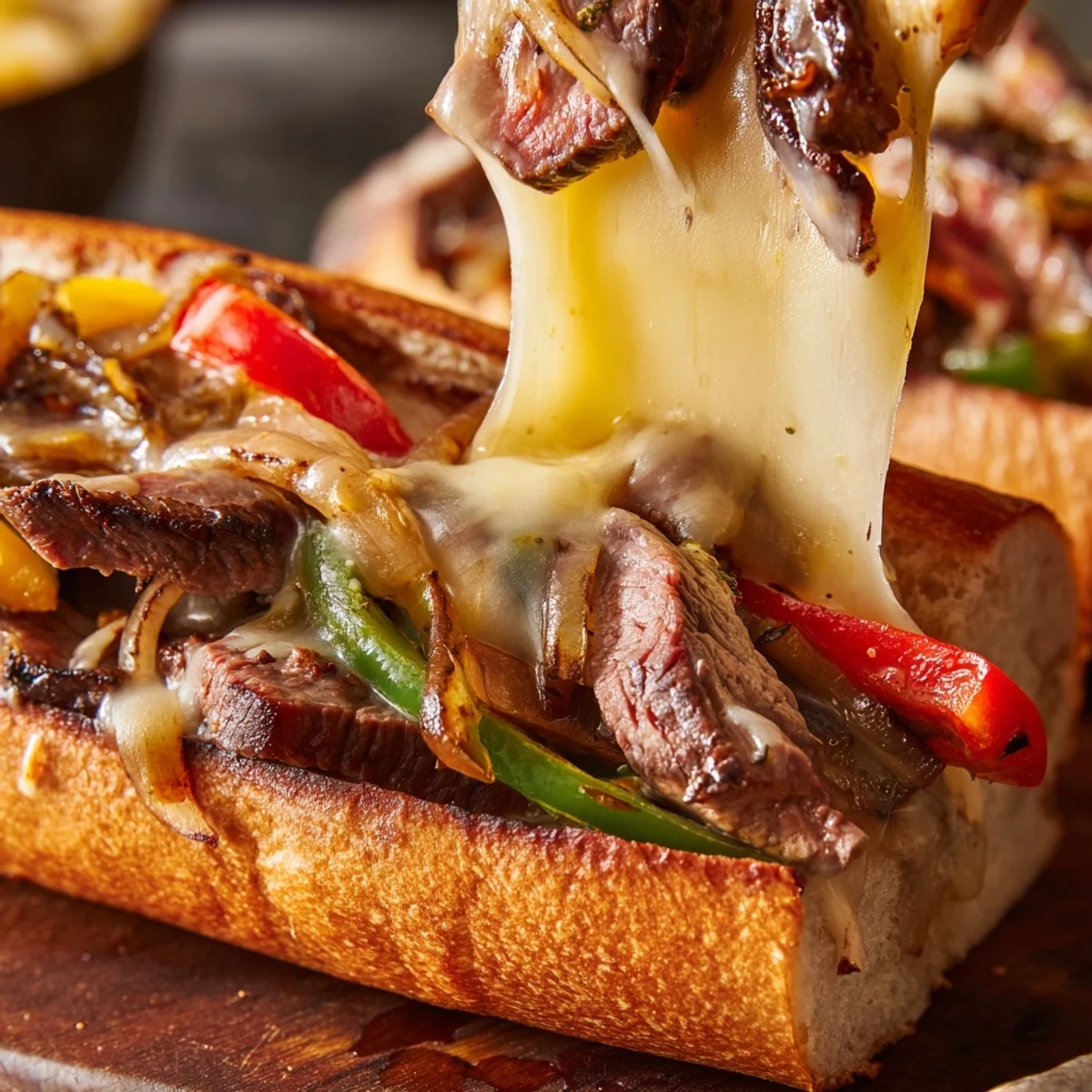 Golden melted provolone drapes over tender ribeye and caramelized onions in this ultimate griddled cheesesteak sandwich served on a toasted hoagie roll