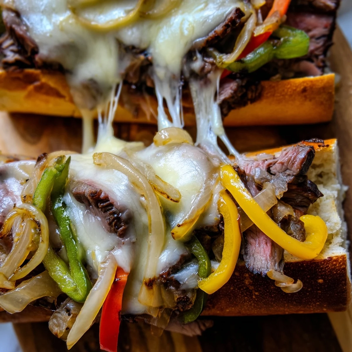 Steaming hot ultimate griddled cheesesteak overflowing with juicy ribeye, golden peppers, and melted provolone nestled inside a crisp toasted roll
