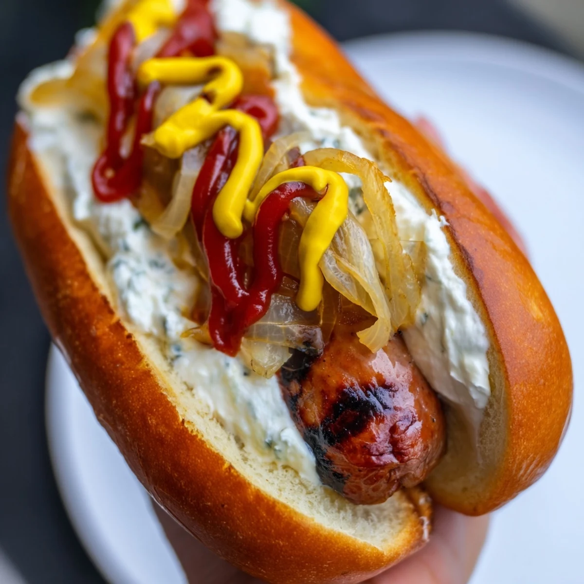 Grilled Seattle hot dogs topped with creamy cheese and caramelized sautéed onions in toasted buns