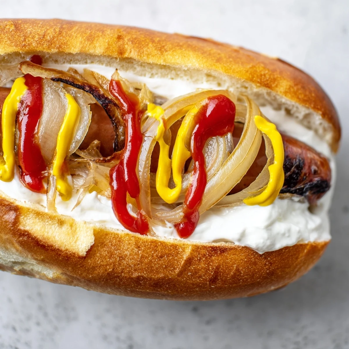 Golden grilled Seattle hot dogs loaded with softened cream cheese and savory onions on warm brioche