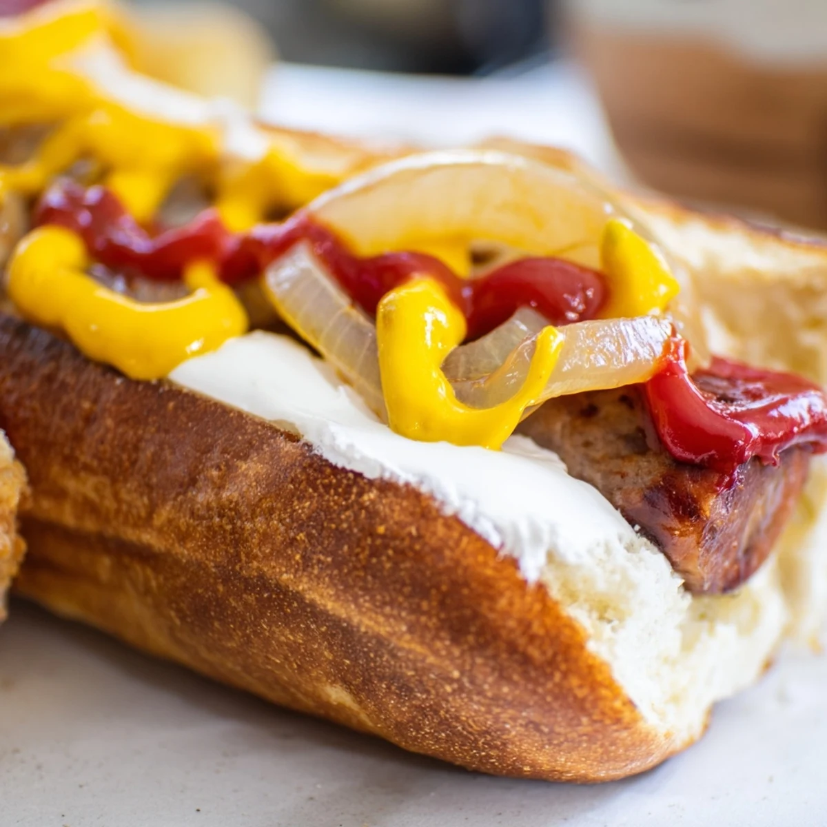 Seattle hot dogs featuring grilled sausages with cream cheese base and golden onion toppings