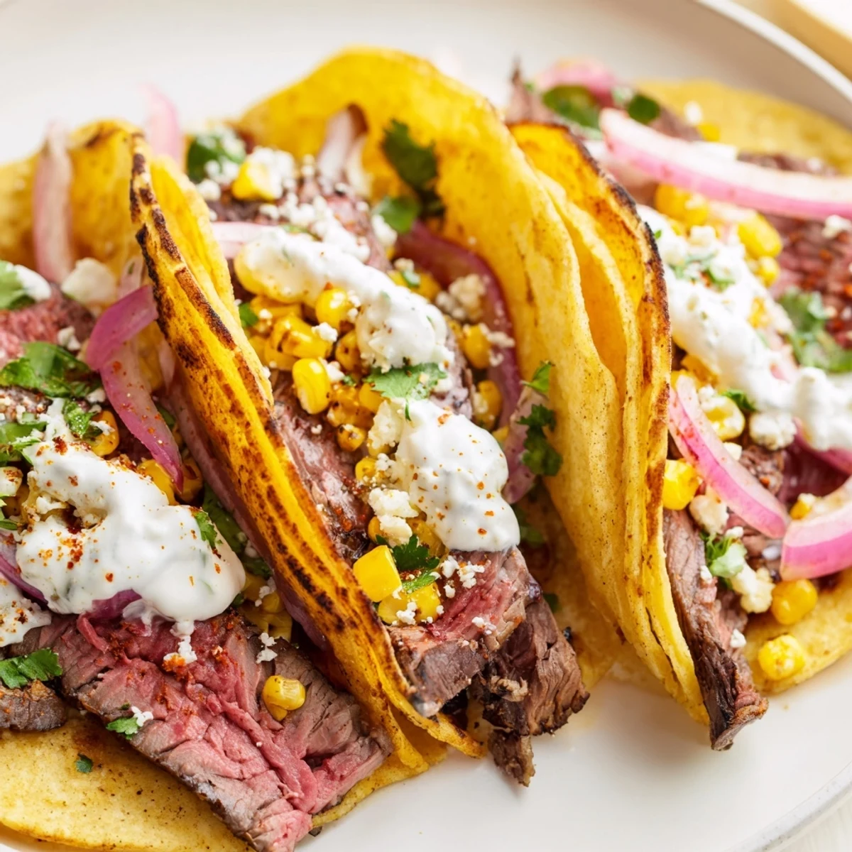 Grilled steak elote tacos topped with charred corn, crema, crumbly cotija cheese, and fresh cilantro