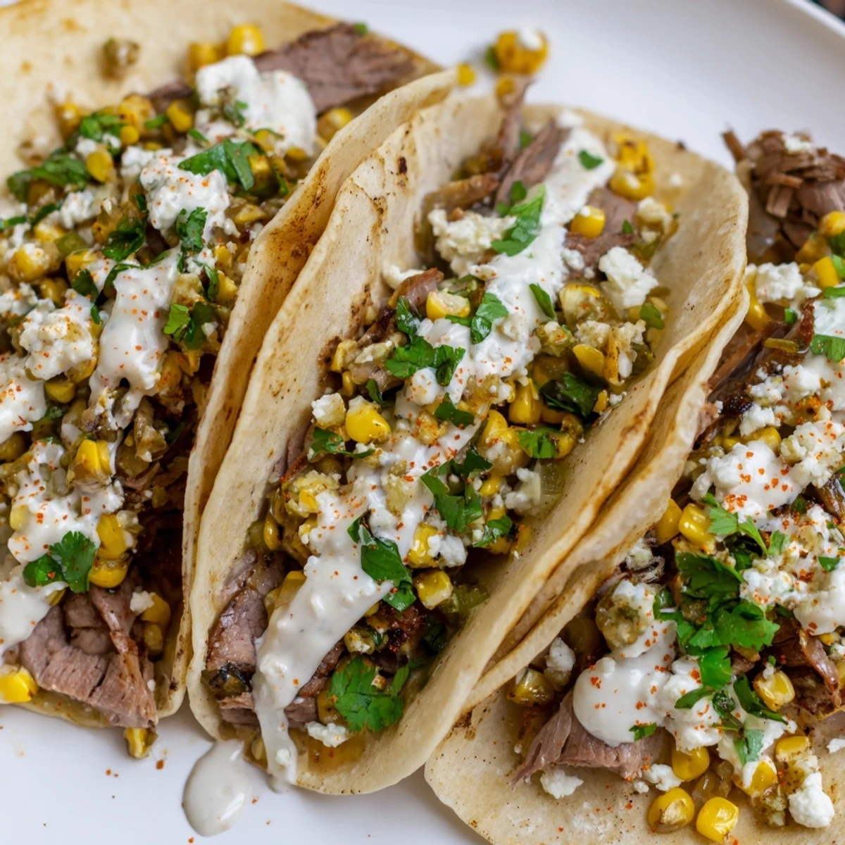 Flavorful grilled steak elote tacos in warm corn tortillas drizzled with tangy Mexican crema