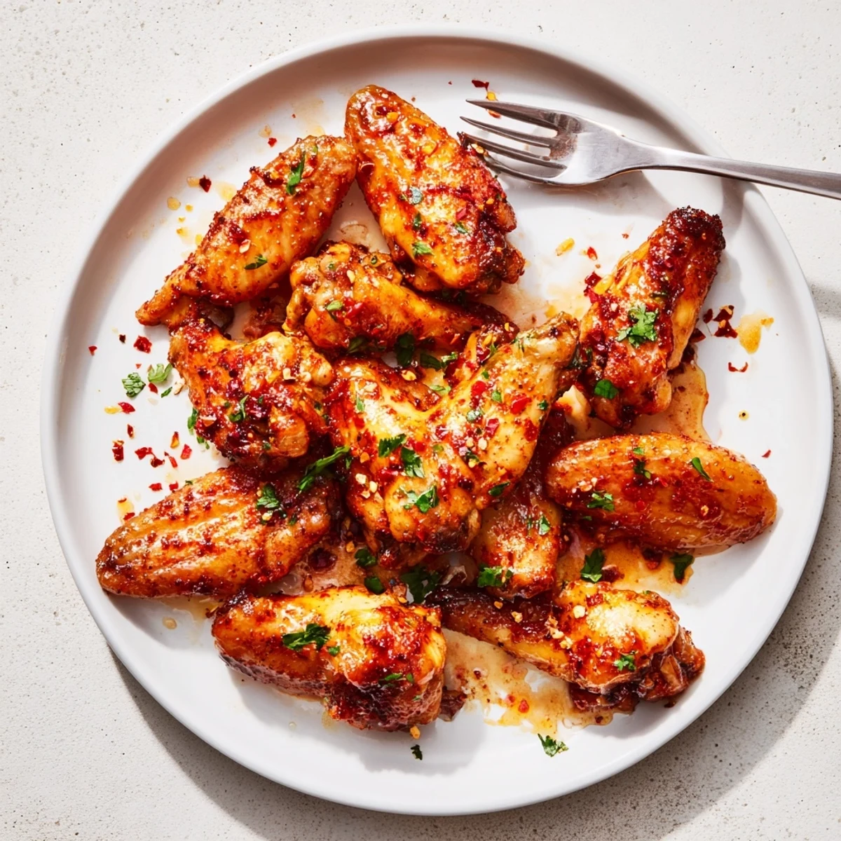 Crispy smoky hot honey chicken wings glistening with sweet pepper sauce on platter