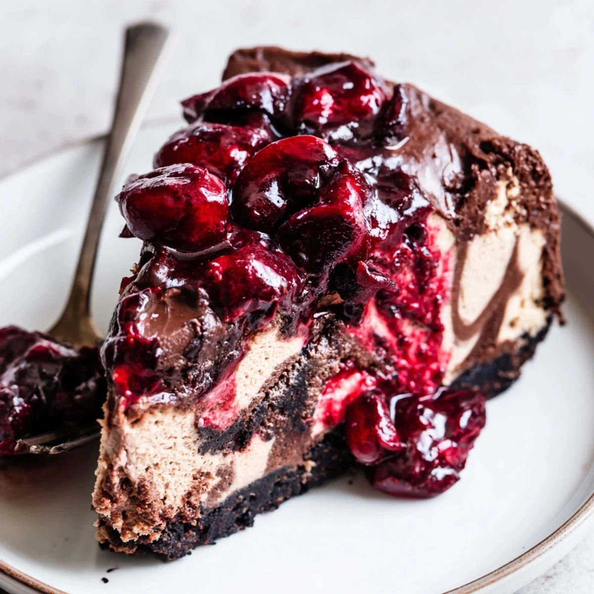 Rich dark chocolate cherry cheesecake slice with glossy red cherry topping on chocolate cookie crust