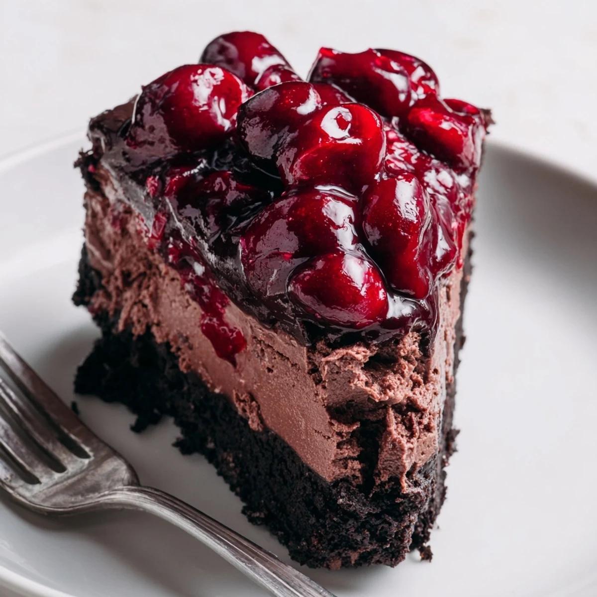 Creamy dark chocolate cherry cheesecake wedge drizzled with sweet cherry sauce on a white dessert plate