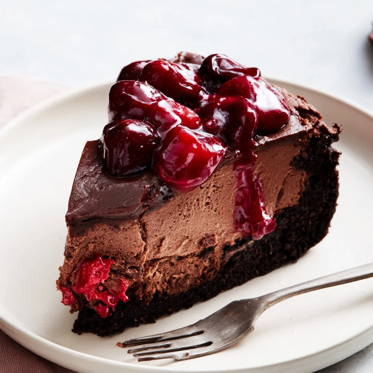 Decadent dark chocolate cherry cheesecake featuring tart cherry compote and smooth chocolate filling on a serving platter