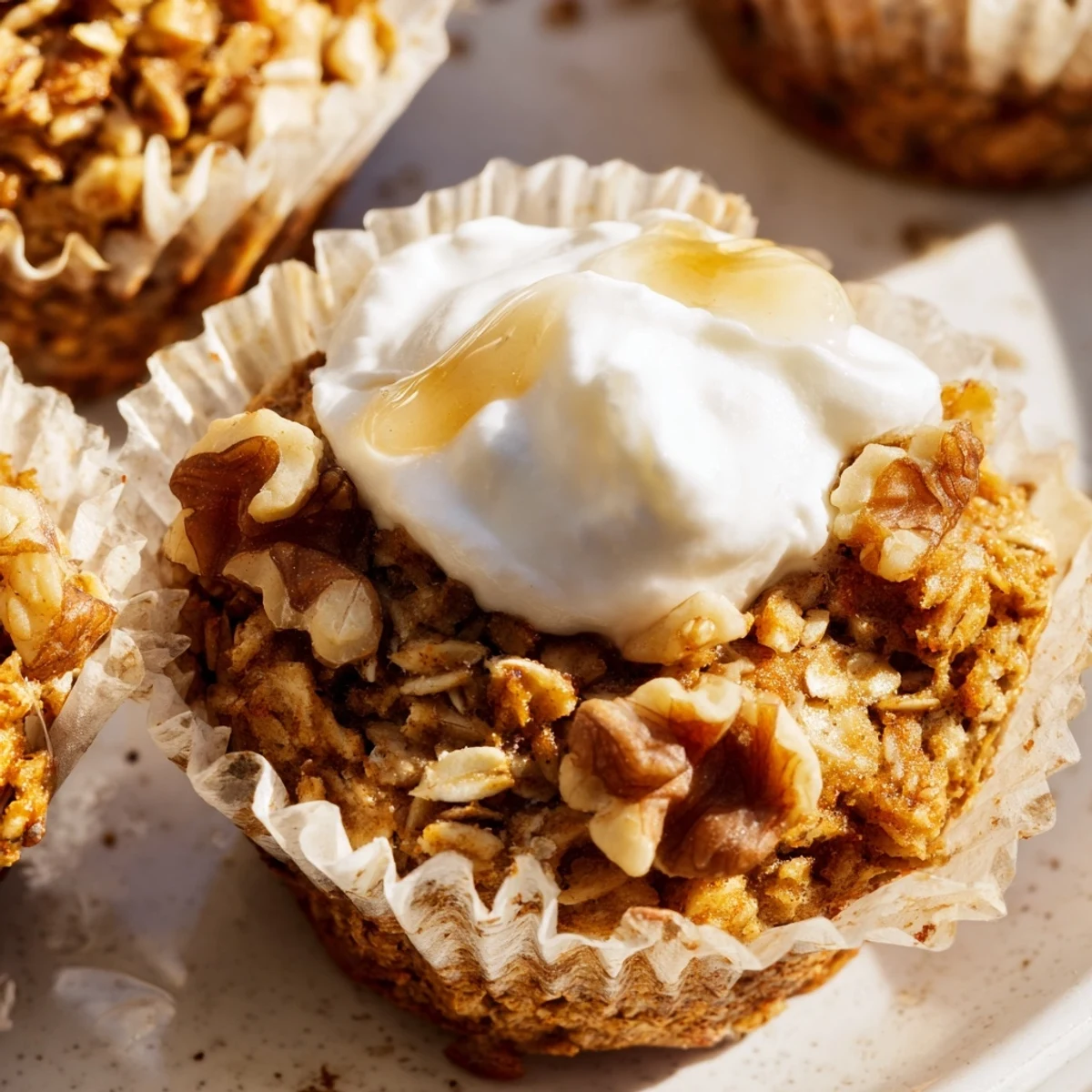 Golden banana baked oatmeal cups topped with creamy Greek yogurt and honey drizzle
