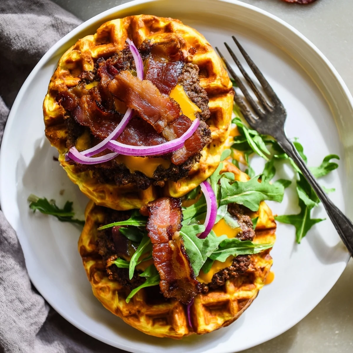 Golden waffle bun sandwiching juicy beef patty with melted cheddar, crispy maple-glazed bacon, and fresh arugula layers