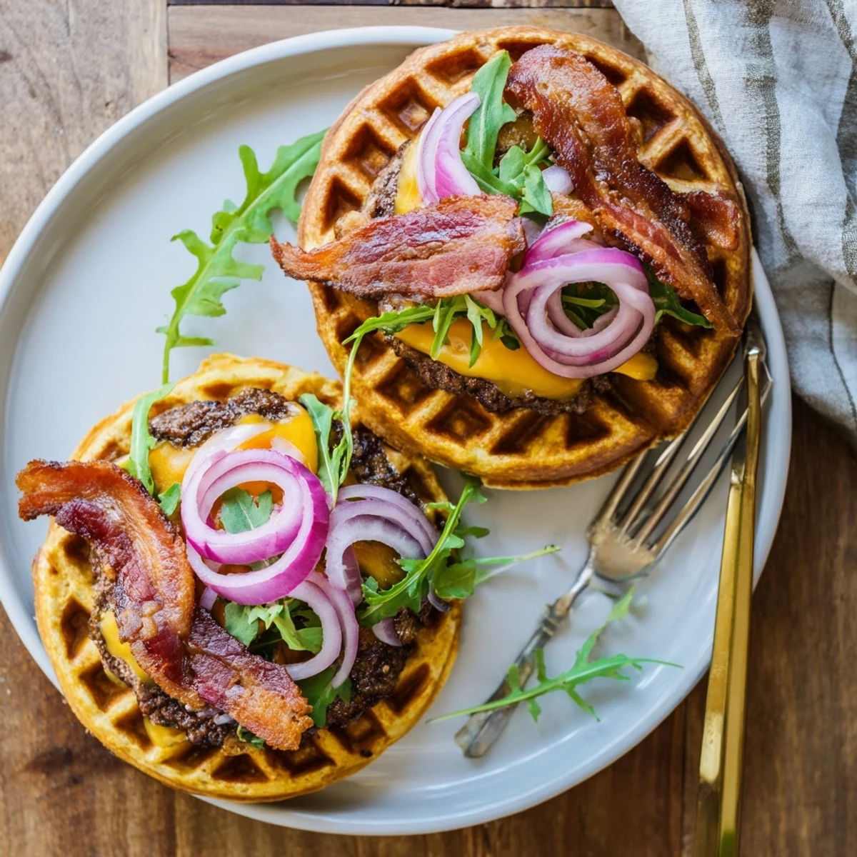 Decadent maple bacon waffle burger stacked high with red onion, sharp cheese, and drizzled sweet maple aioli sauce