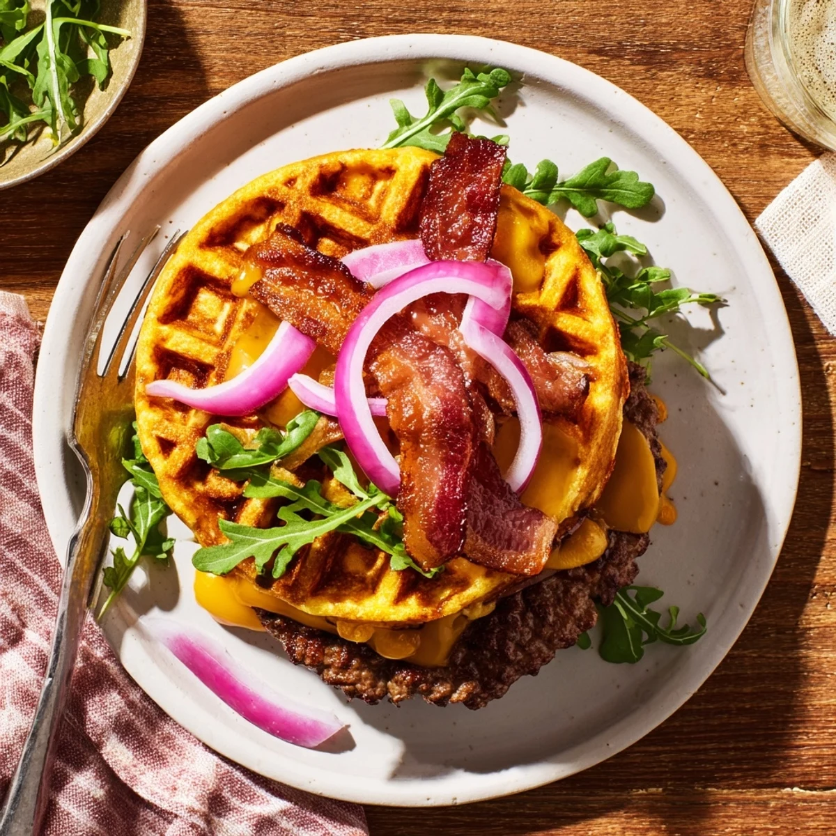 Brunch-style burger featuring buttery toasted waffles hugging a savory beef patty topped with caramelized bacon and tangy mustard mayo