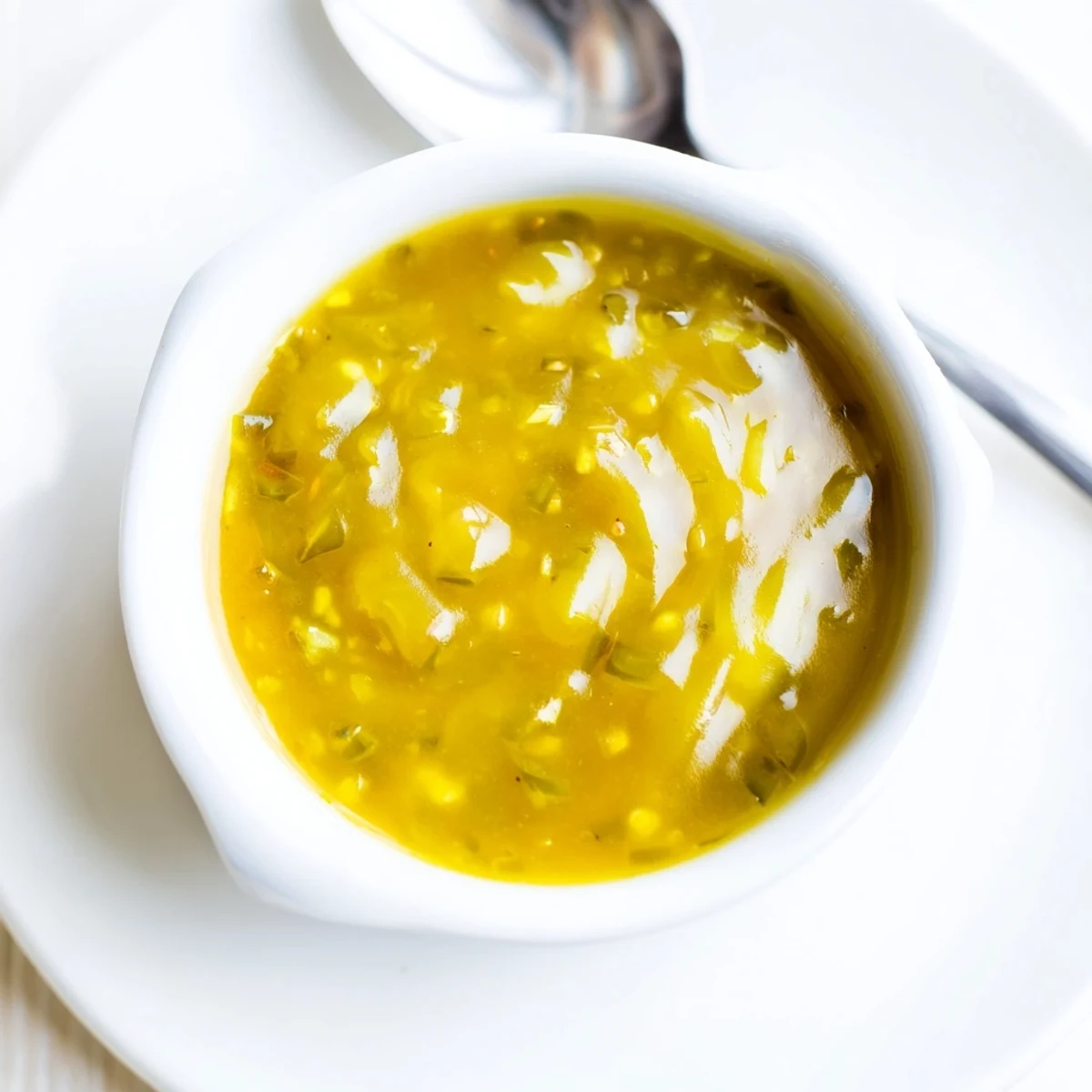 Golden jalapeño honey mustard sauce drizzled over crispy chicken tenders on a white plate