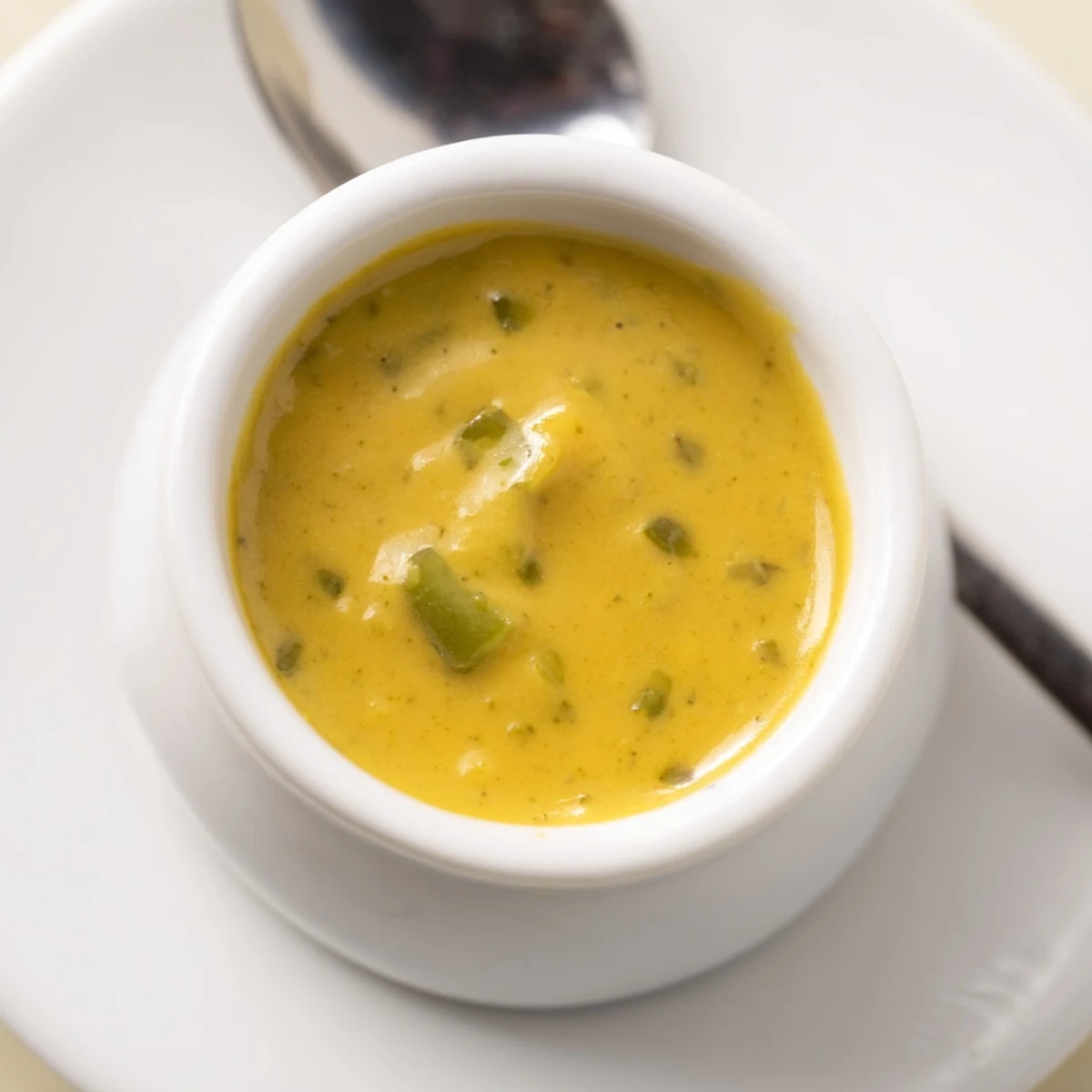 Smooth golden jalapeño honey mustard sauce dollopped on a wooden serving board next to pretzels