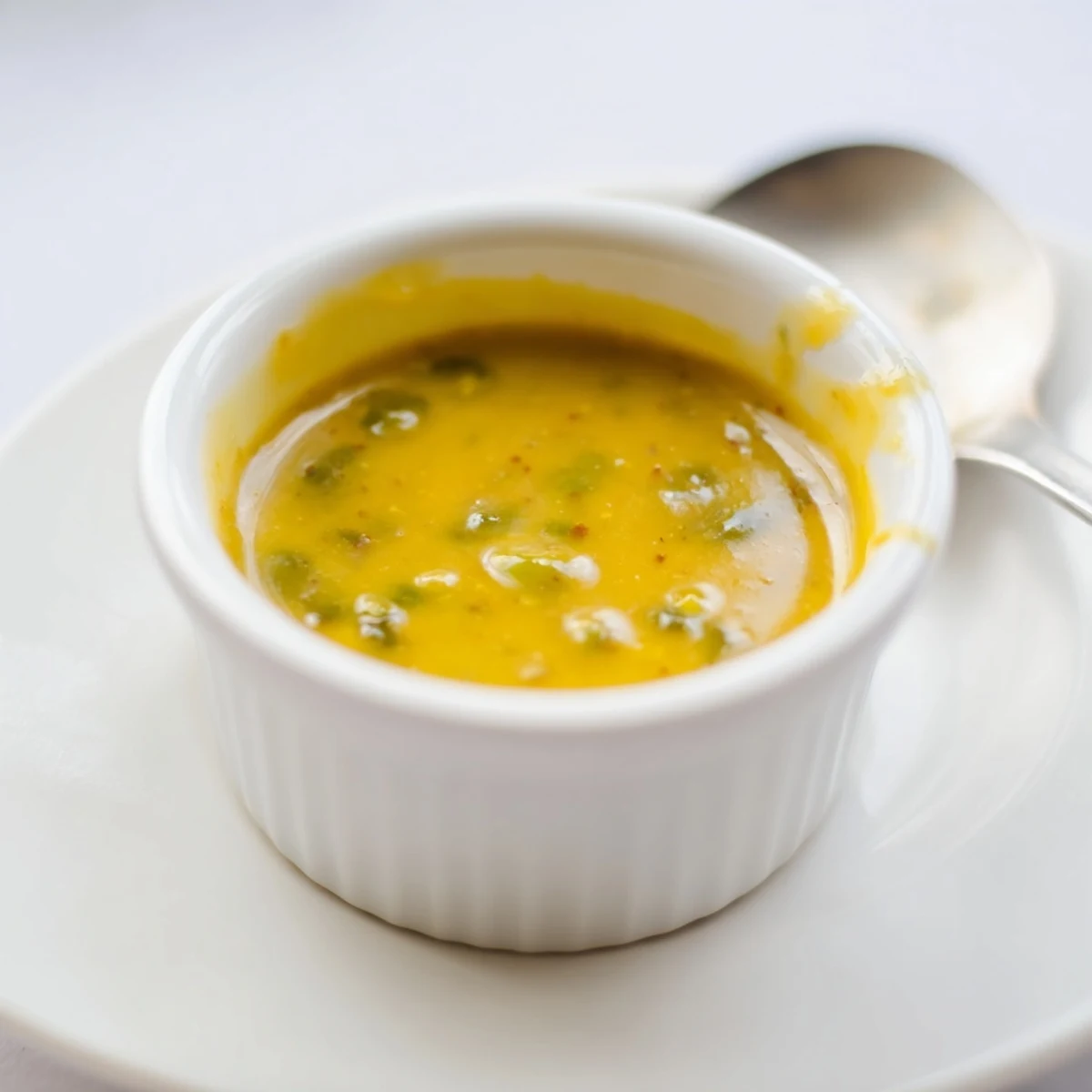 Creamy homemade jalapeño honey mustard sauce in a glass jar with fresh minced peppers visible