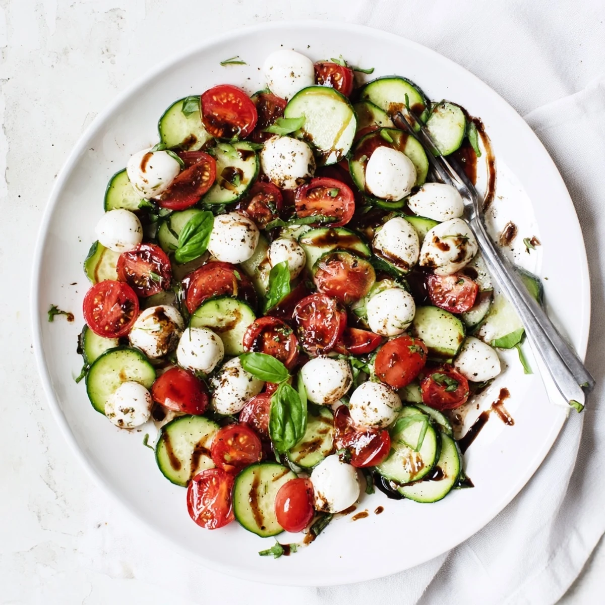 Fresh cucumber Caprese salad with cherry tomatoes and mozzarella drizzled with balsamic glaze on a white serving platter