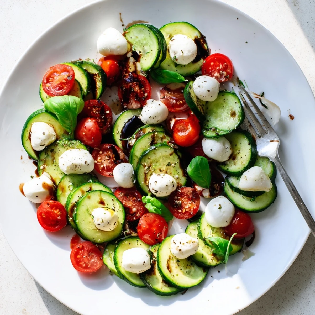 Colorful bowl of easy cucumber Caprese salad featuring basil leaves and halved mozzarella balls tossed in olive oil dressing