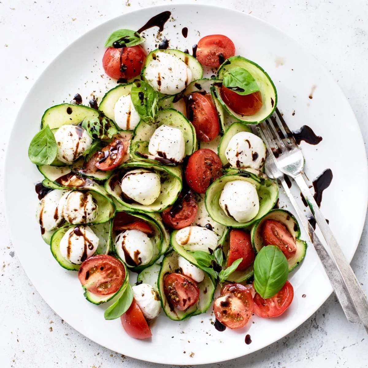 Rustic wooden board displaying cucumber Caprese salad with juicy tomatoes and fresh basil garnish, ready for summer entertaining