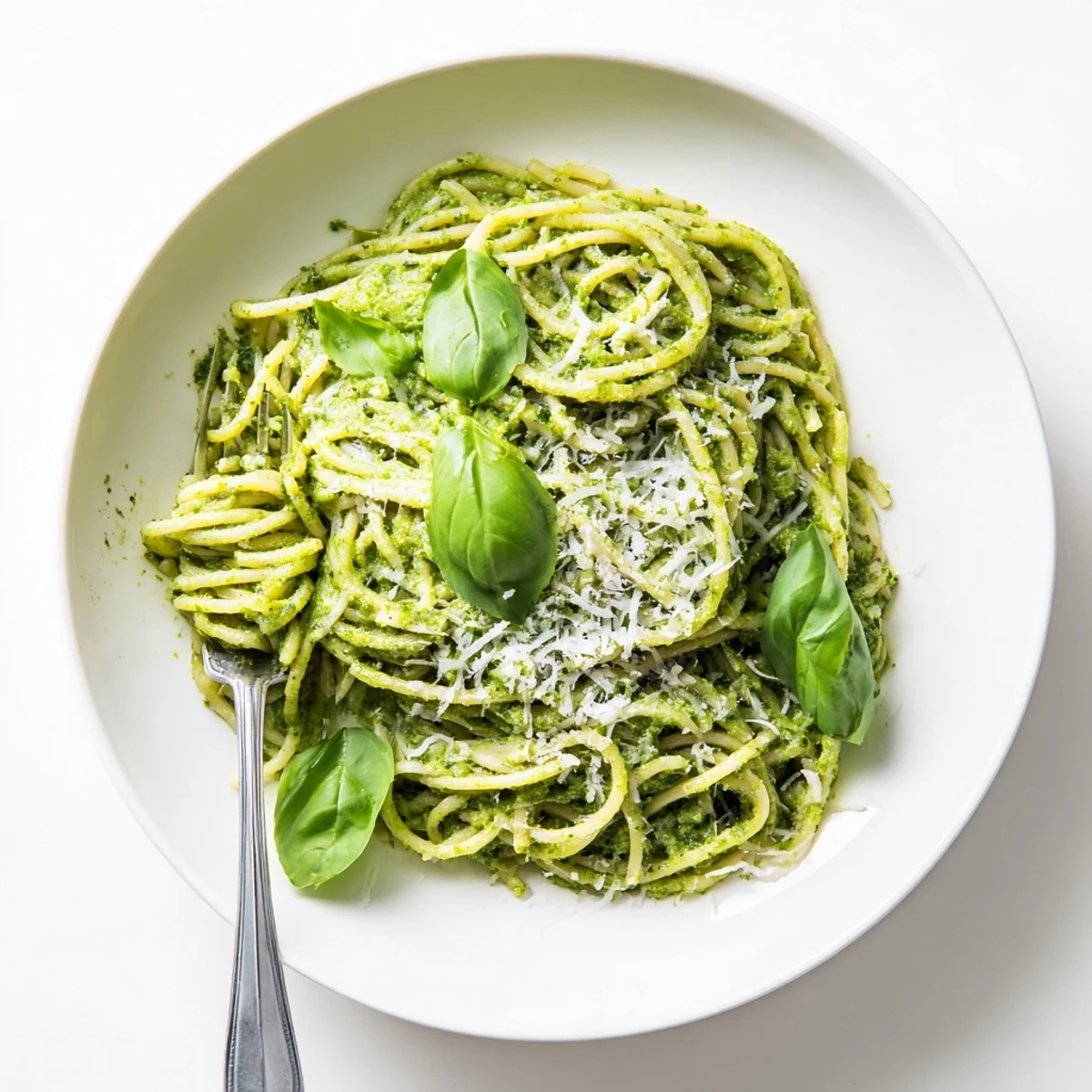 Creamy avocado spinach basil pesto coats tender spaghetti strands in vibrant green sauce