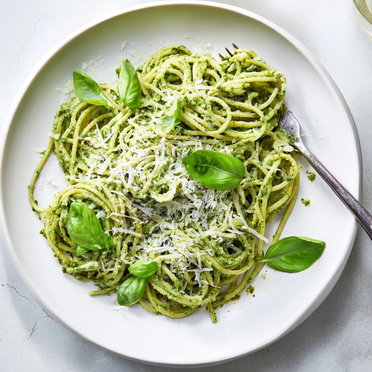 Steamy plate of al dente spaghetti tossed with rich avocado basil spinach pesto garnished