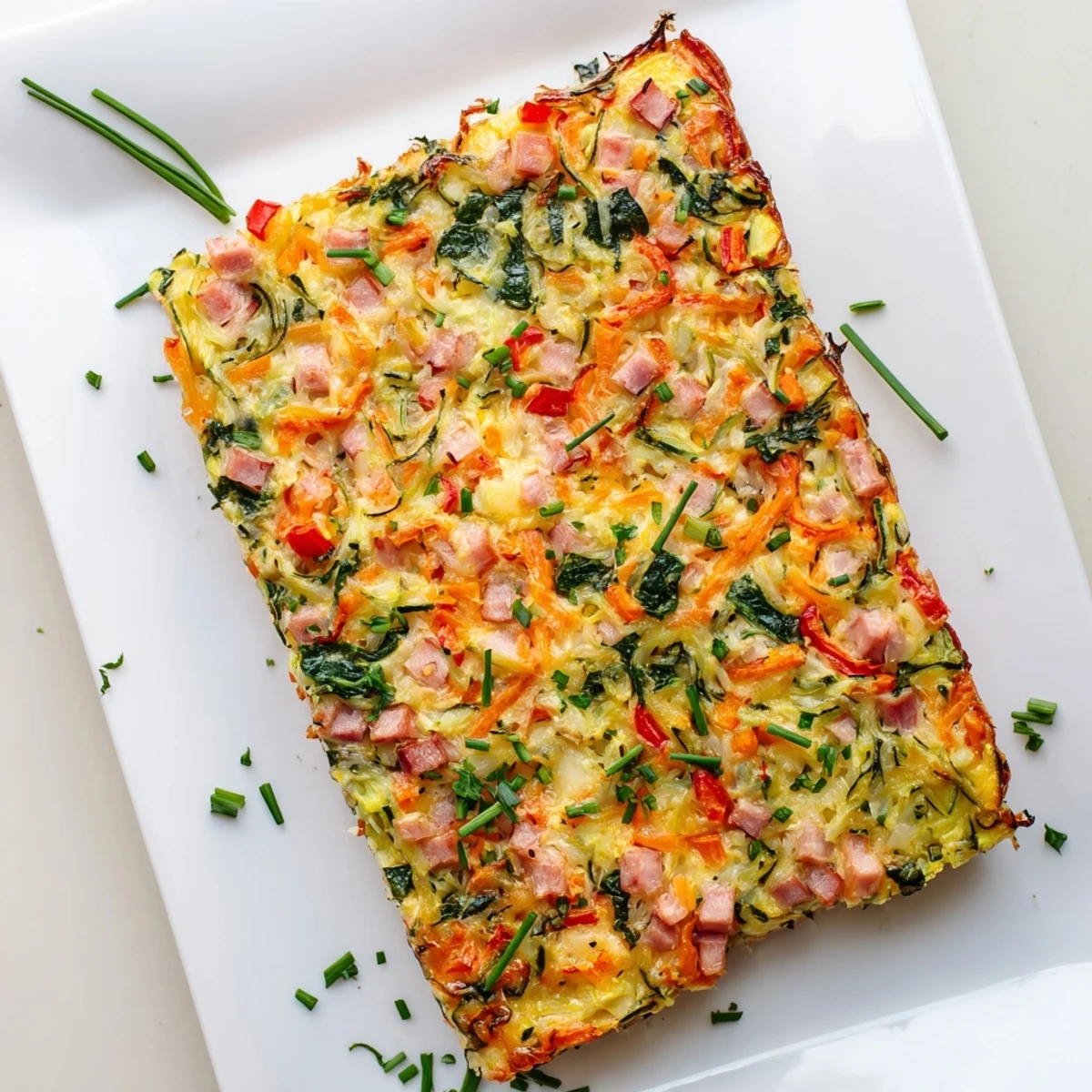 Golden vegetable and ham slice fresh from the oven with grated zucchini and cheddar cheese