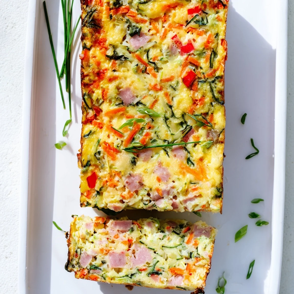 Moist vegetable and ham slice loaf showing colorful diced peppers and carrots throughout