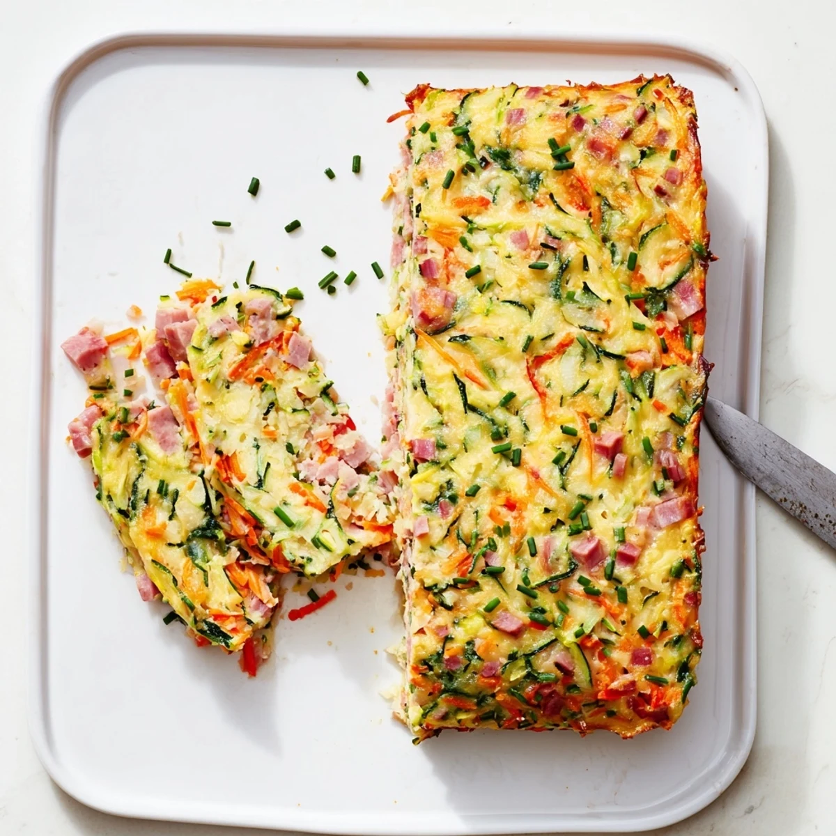 Savory vegetable and ham slice served warm on a white plate with fresh herbs