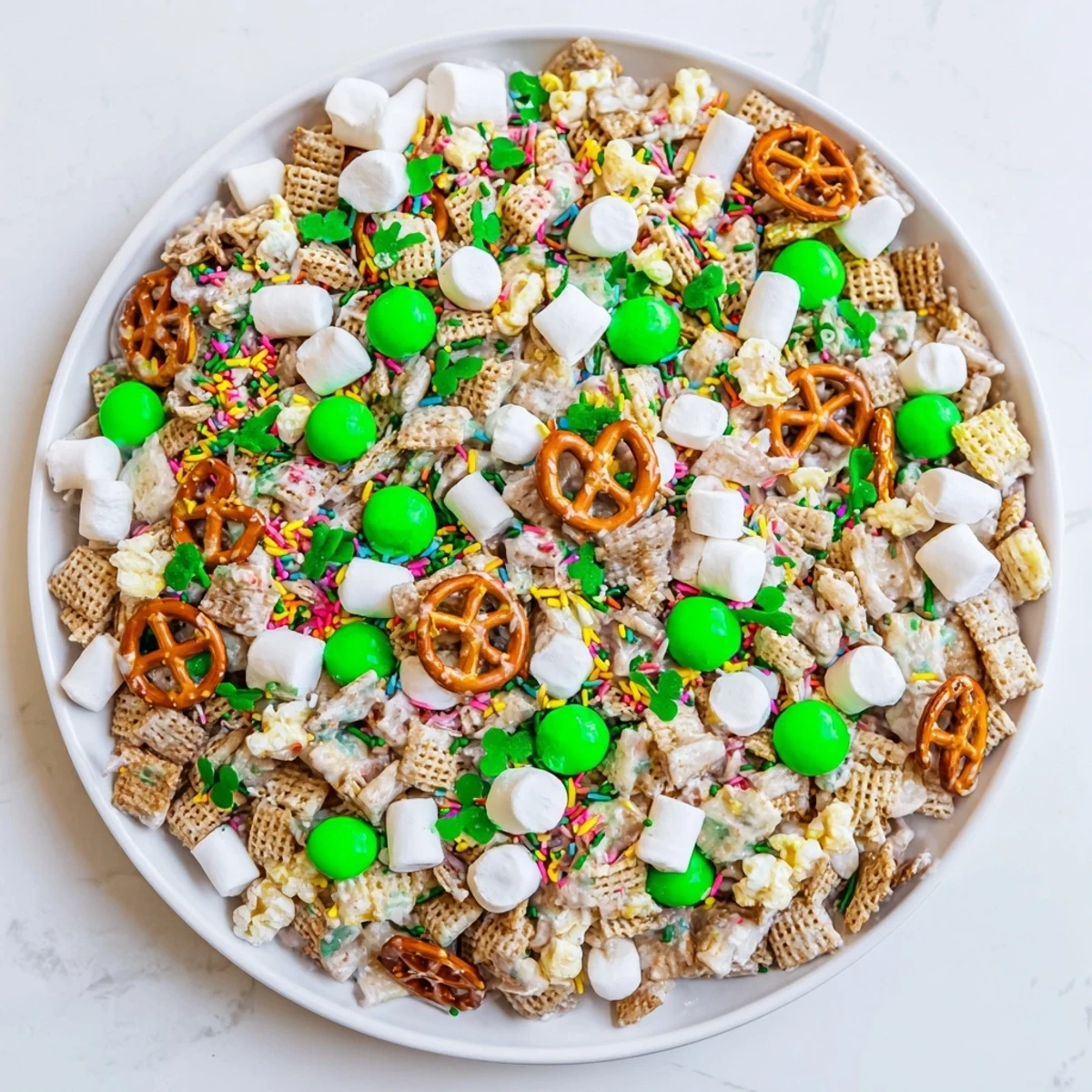 Colorful Leprechaun Bait snack mix with green candies and white chocolate coating on a wooden serving board