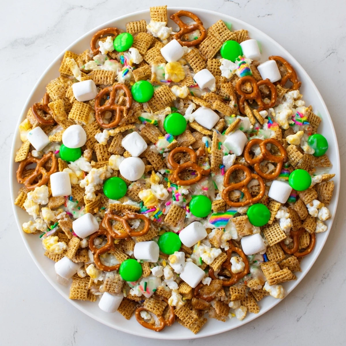 Festive St. Patrick's Day Leprechaun Bait featuring crunchy cereal, pretzels, and rainbow sprinkles in a glass bowl