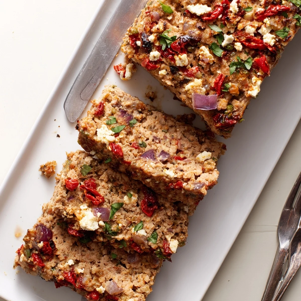 Golden brown Mediterranean turkey meatloaf sliced on a white platter with visible feta and sun-dried tomato bits