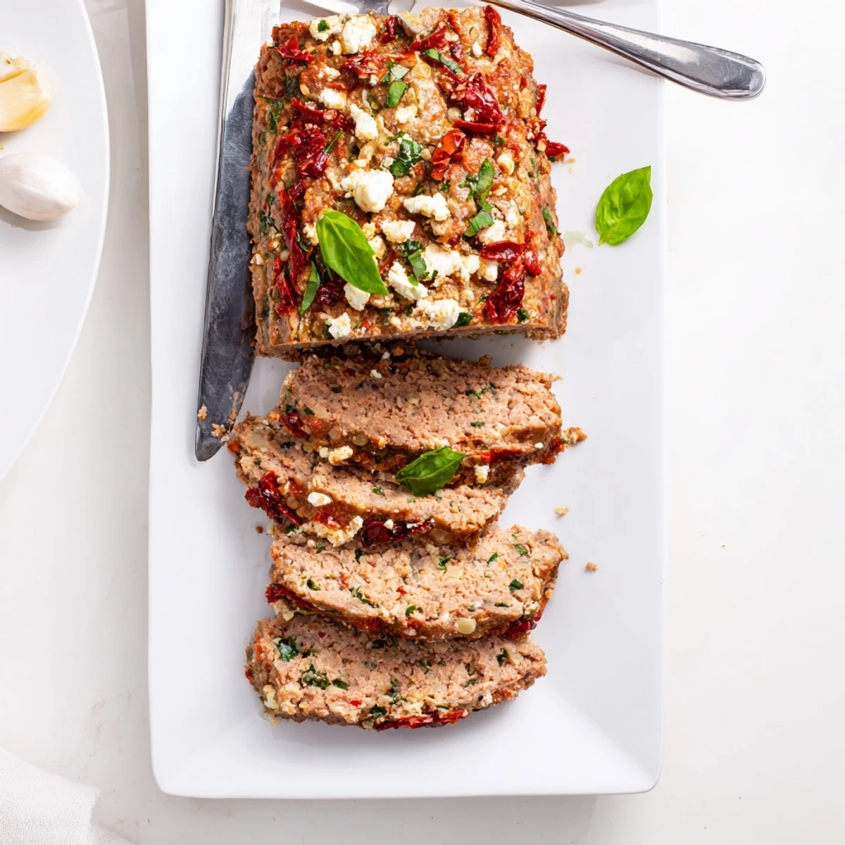 Whole Mediterranean turkey meatloaf garnished with fresh parsley in a loaf pan alongside roasted red peppers