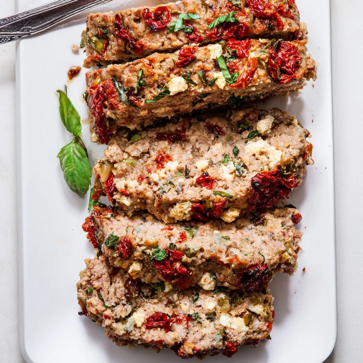 Moist Mediterranean turkey meatloaf serving plated with tzatziki sauce and lemon-roasted potatoes for a complete dinner